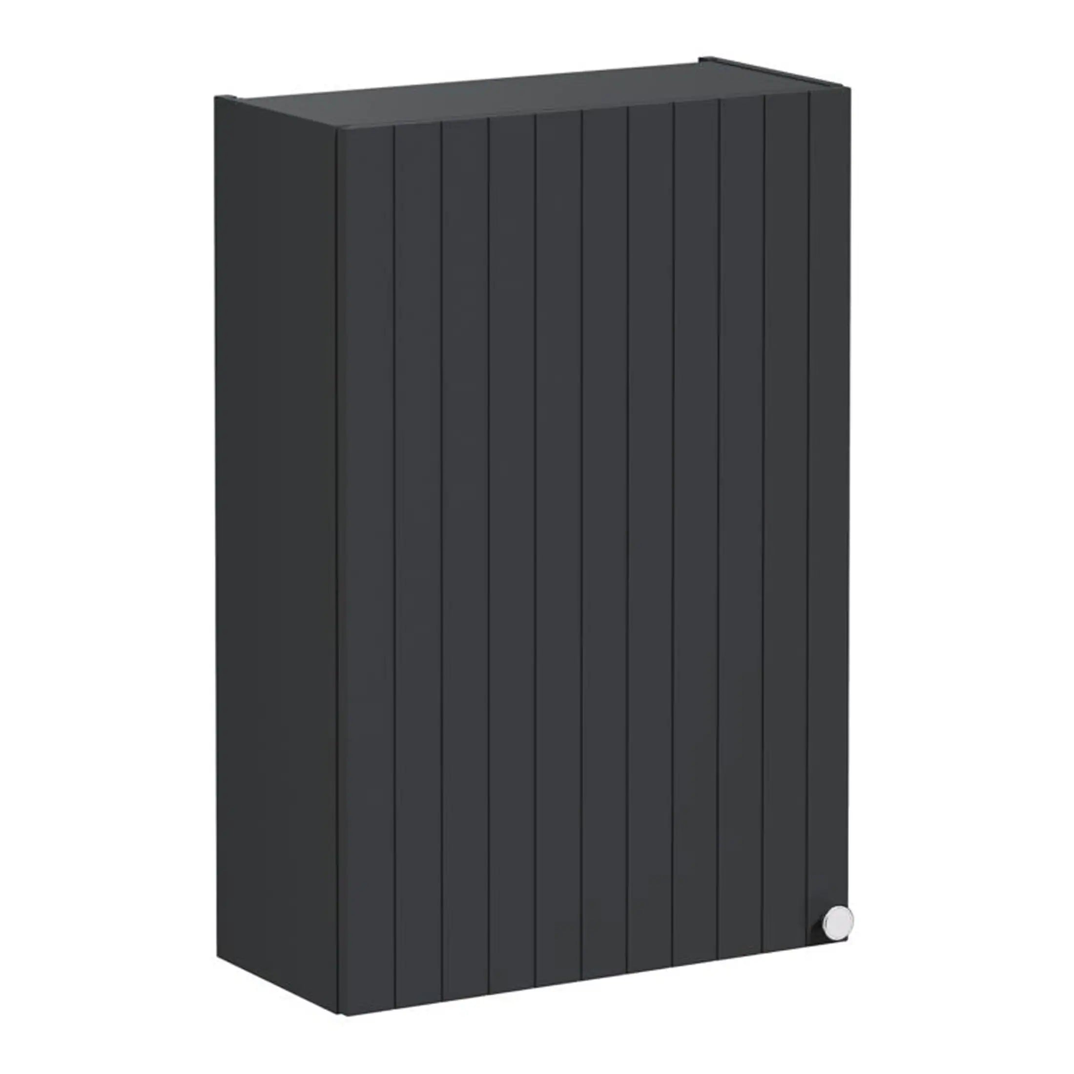 Sleek black bathroom cabinet with vertical slats and a round white handle, ideal for modern bathroom storage solutions.