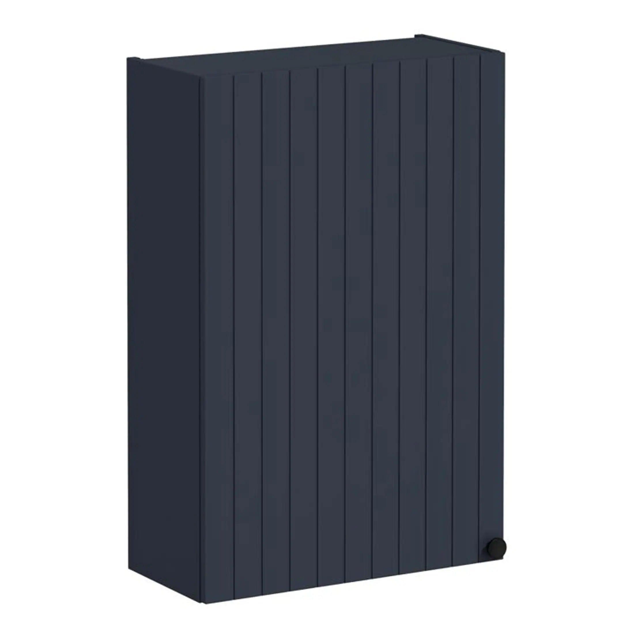 Compact navy wooden bathroom storage cabinet, ideal for modern bathrooms, featuring vertical slats and a wheel for ease of movement. Perfect for organising toiletries and essentials.