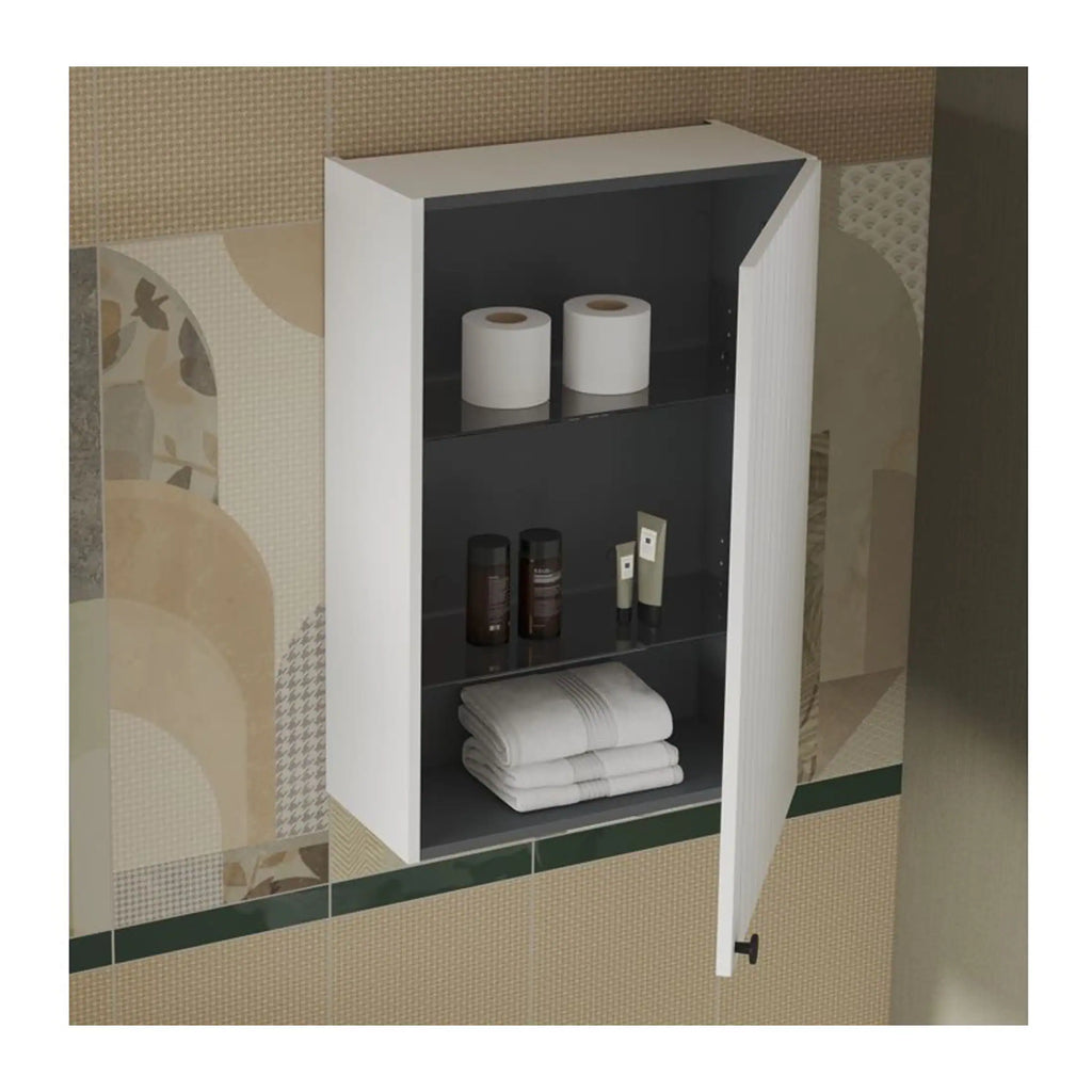 Modern bathroom wall cabinet with black and white finish, featuring shelves with towels, toiletries, and toilet paper rolls for bathroom storage and organisation.