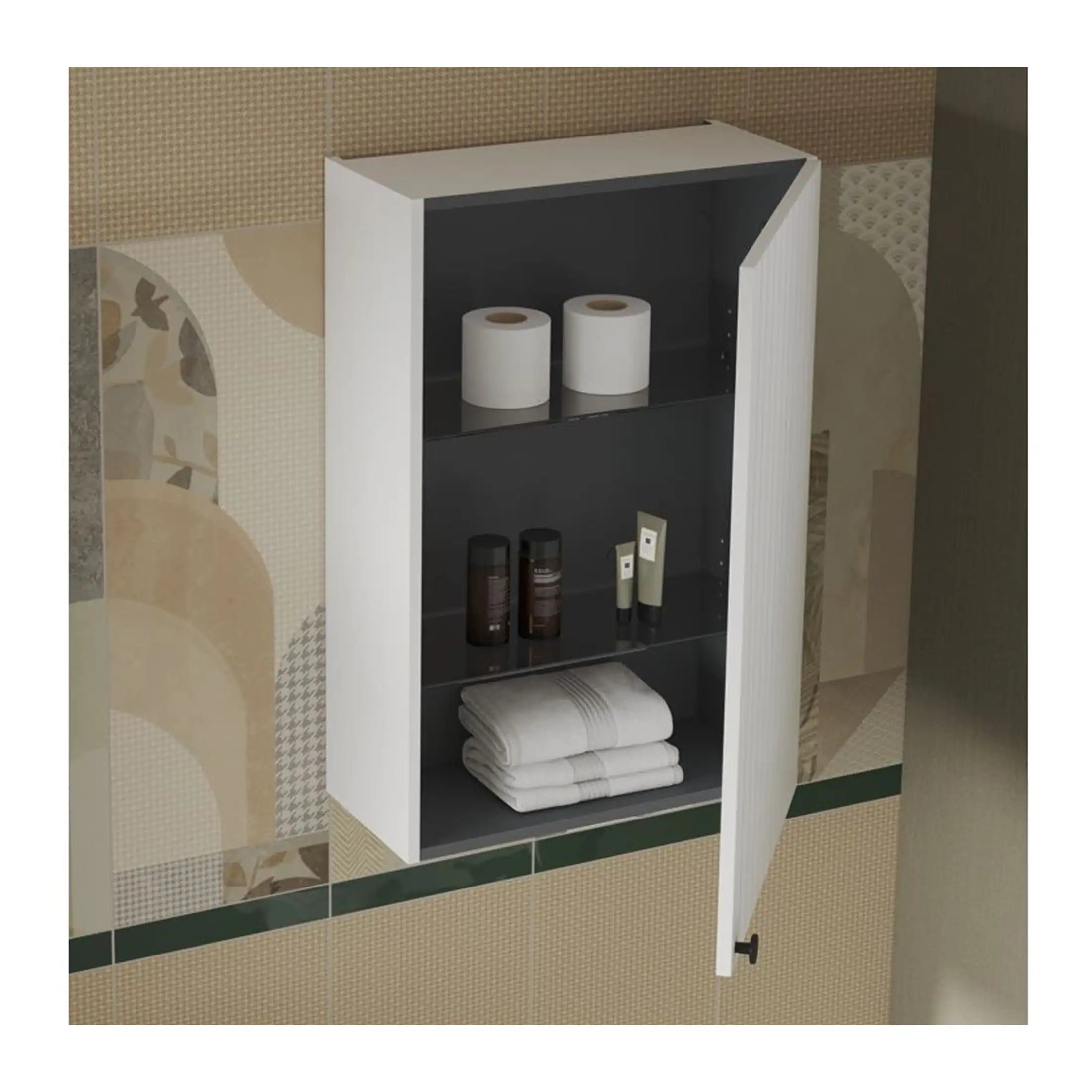 Modern bathroom wall cabinet with black and white finish, featuring shelves with towels, toiletries, and toilet paper rolls for bathroom storage and organisation.