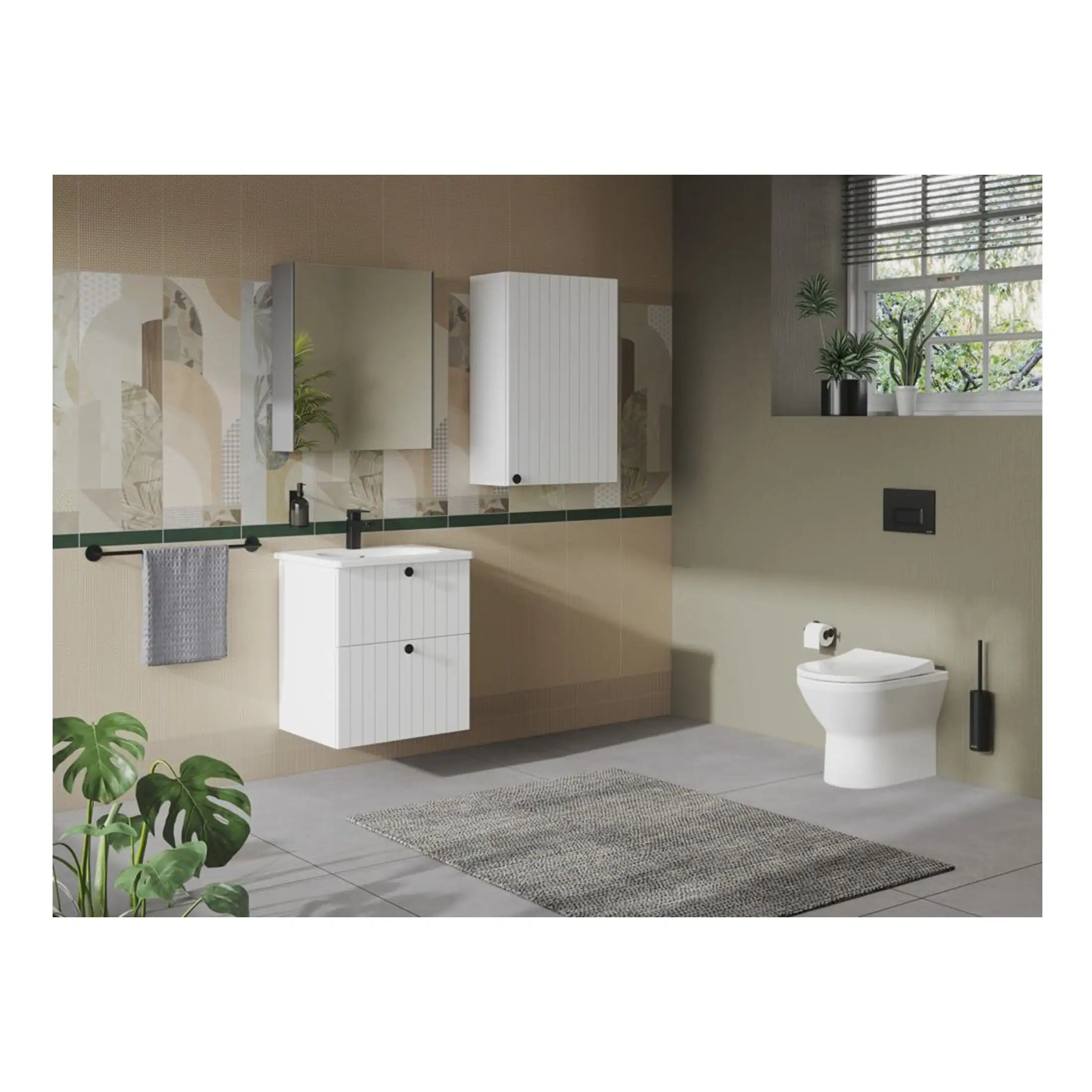 Modern minimalist bathroom with white wall-mounted vanity, matching cabinets, black fixtures, and a sleek toilet, featuring natural light and green plants for a fresh, contemporary look.