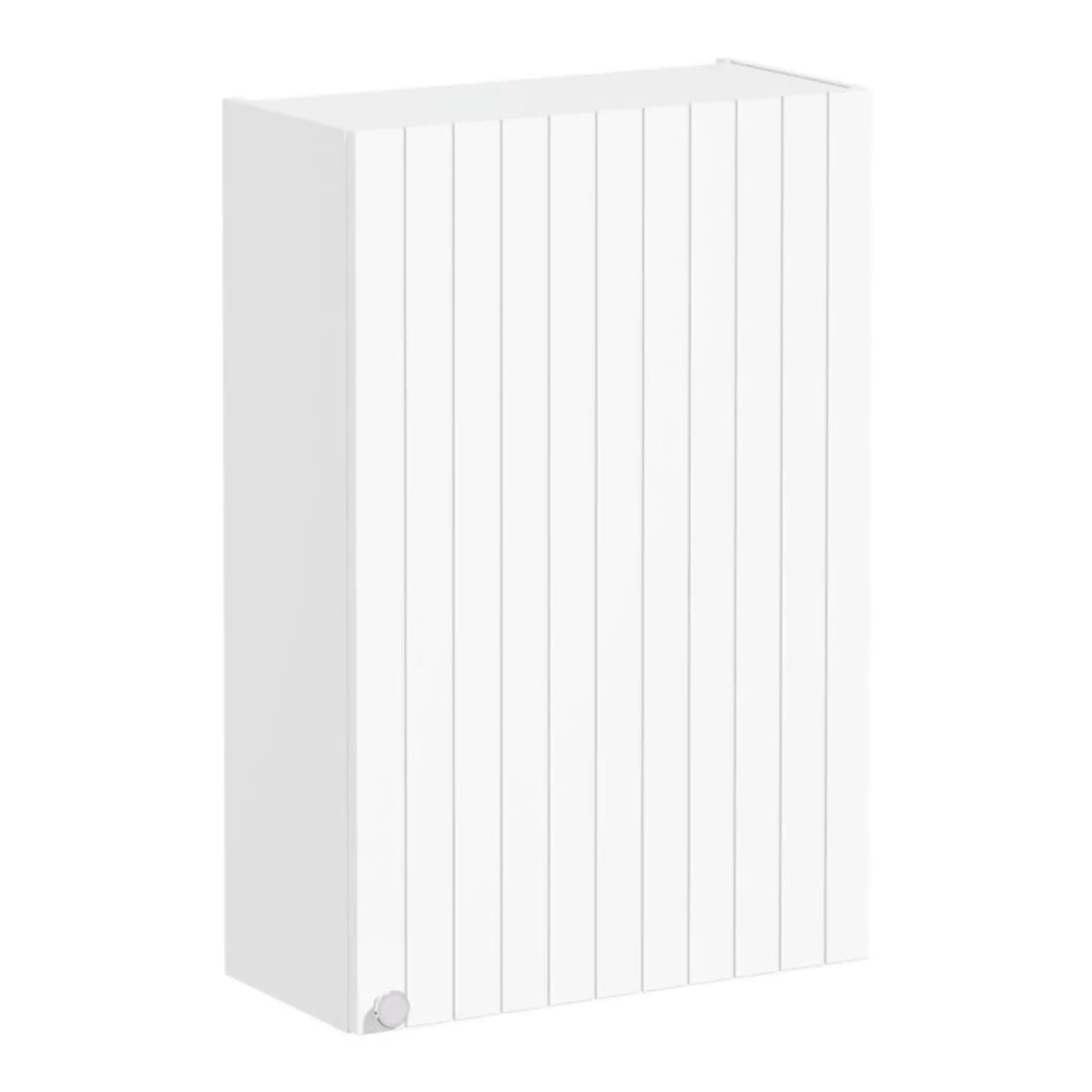 Modern white radiator with sleek vertical panel design, ideal for contemporary bathrooms.