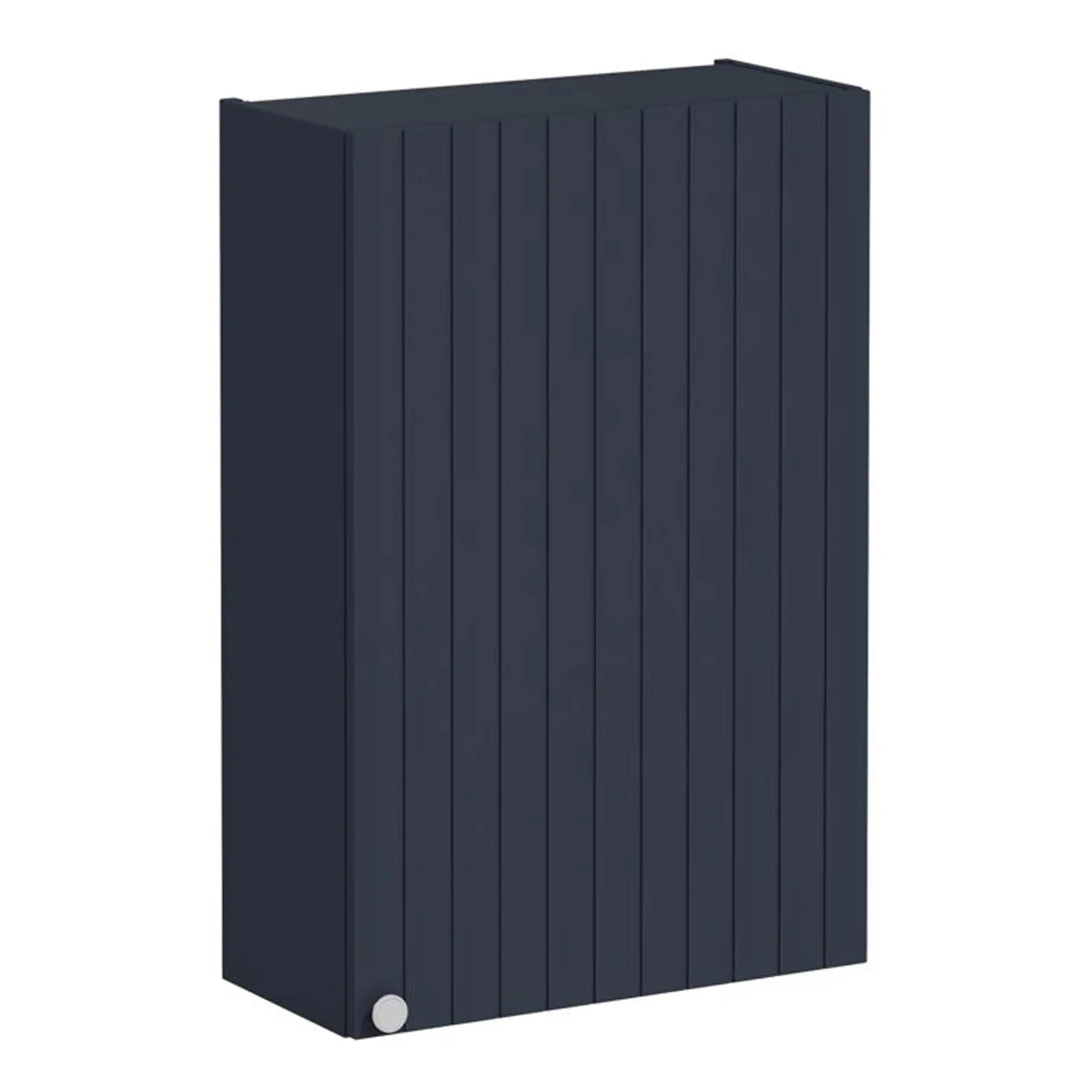 Modern navy blue wooden bathroom storage cabinet with vertical panel design, ideal for contemporary bathroom organisation and storage solutions.