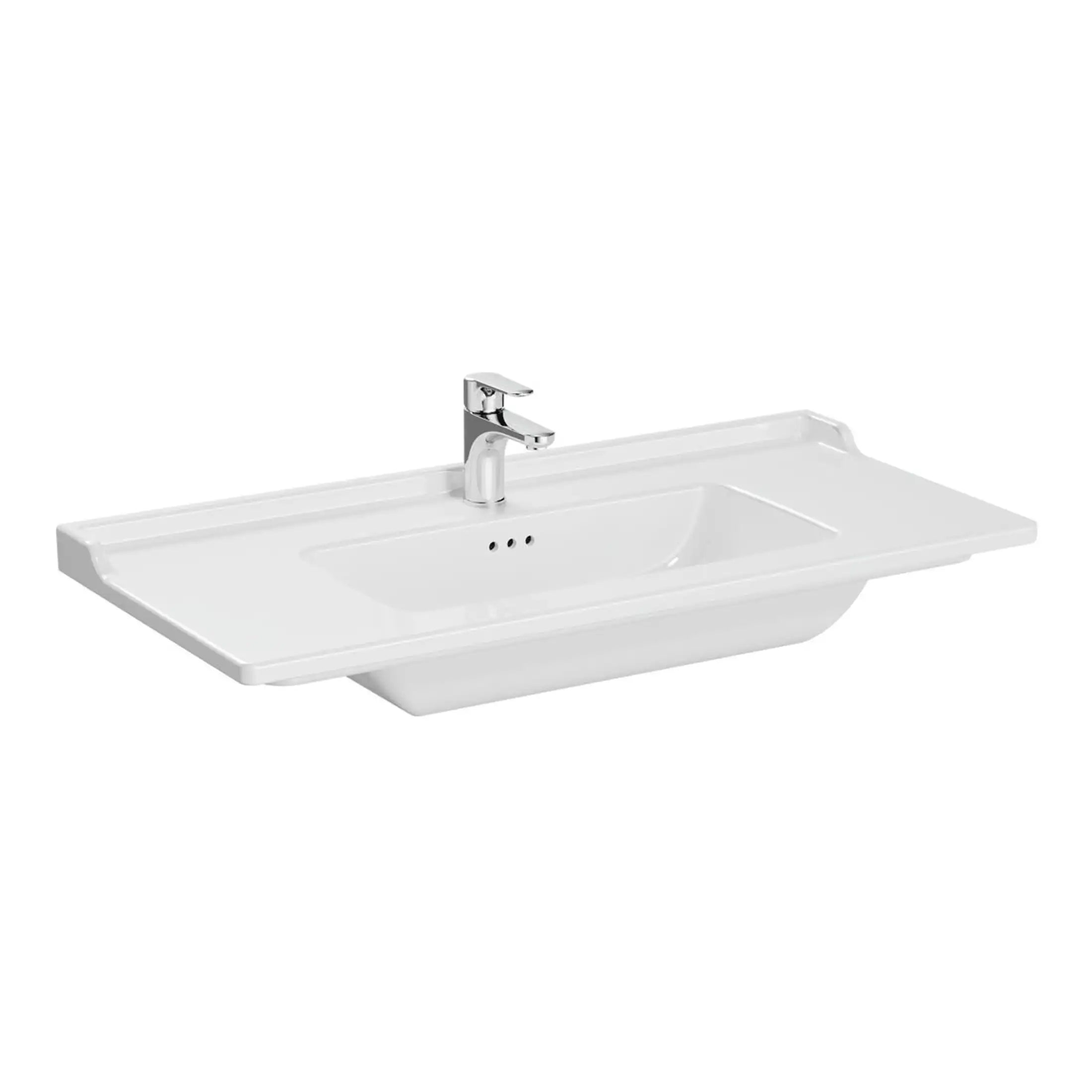 Modern white bathroom vanity sink with integrated tap and spacious countertop for stylish bathroom design. Perfect for contemporary bathroom renovations and easy maintenance.