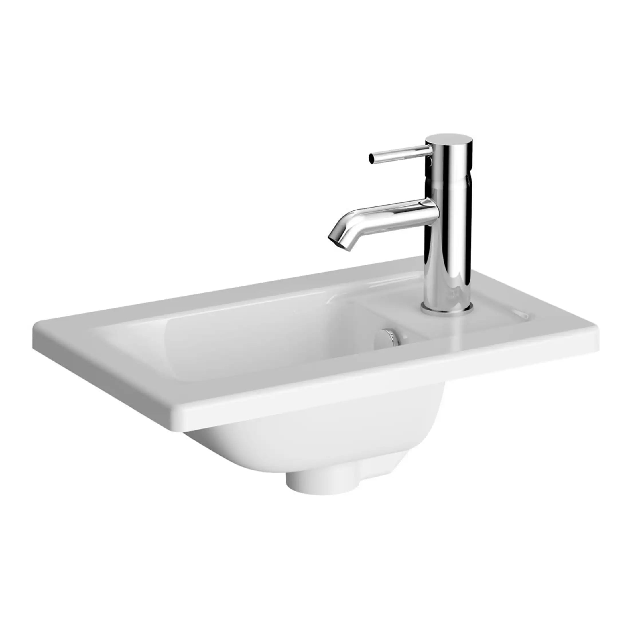 Sleek white bathroom basin with modern chrome tap, ideal for contemporary bathroom designs. Compact wall-mounted sink perfect for small spaces and easy to install.