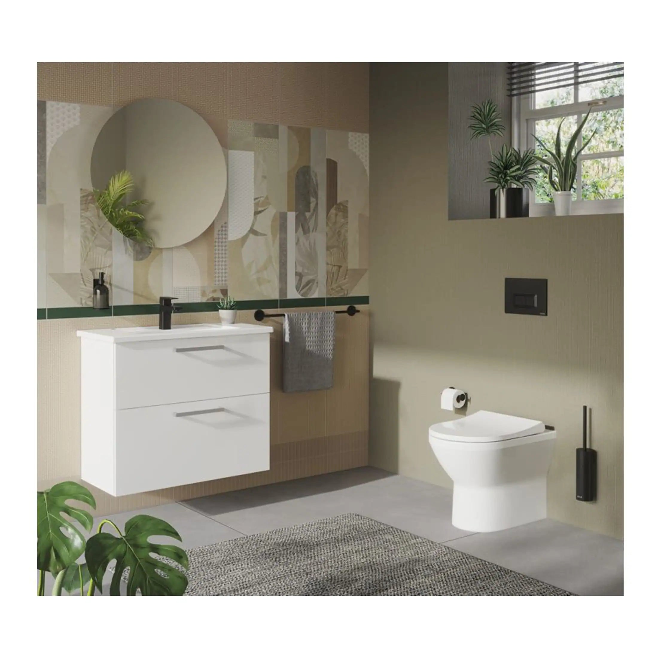 Contemporary bathroom with wall-mounted white vanity, sleek black fixtures, modern toilet, decorative plants, and minimalist design elements for a stylish, functional space.