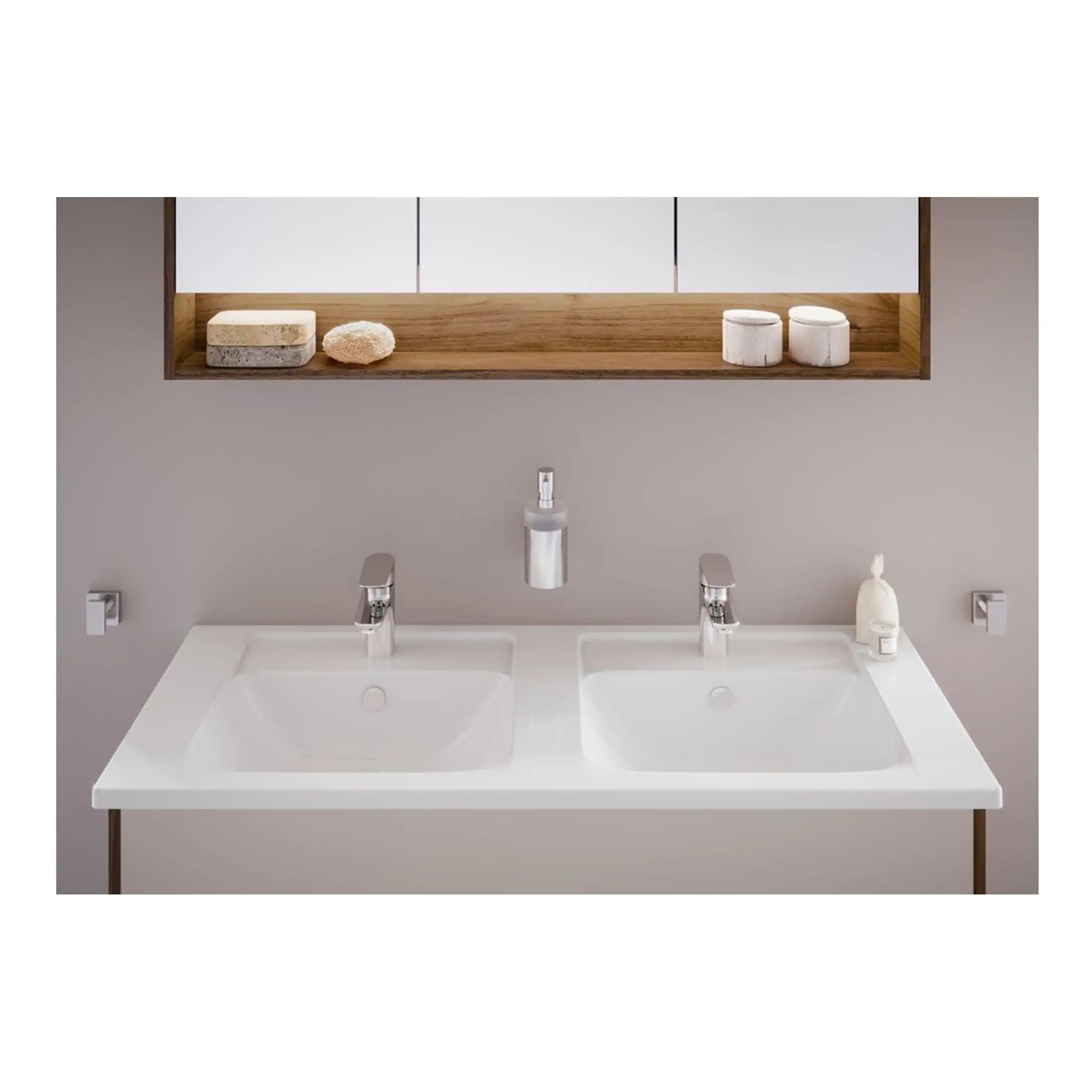 Sleek double bathroom vanity with modern chrome taps, minimalist soap dispenser, and contemporary storage shelf featuring natural stone and marble accents for elegant bathroom design.