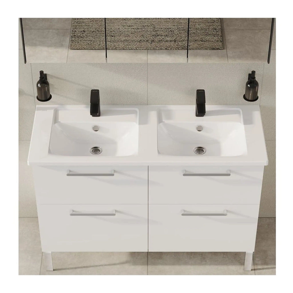 Double white bathroom basin with black taps and modern cabinet storage, ideal for contemporary ensuite or family bathrooms. Features a large vanity unit, sleek design, and practical storage solutions.