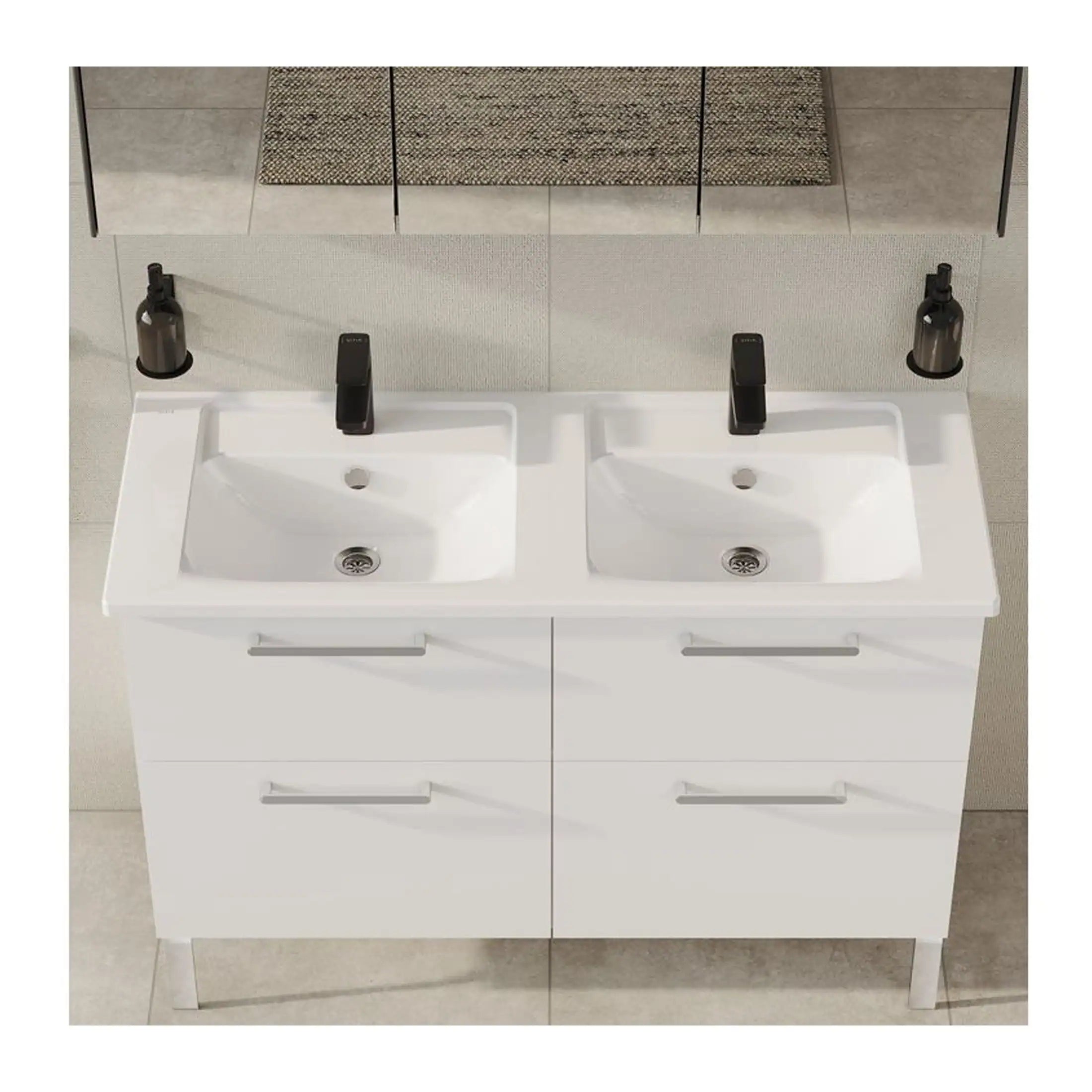 Double white bathroom basin with black taps and modern cabinet storage, ideal for contemporary ensuite or family bathrooms. Features a large vanity unit, sleek design, and practical storage solutions.