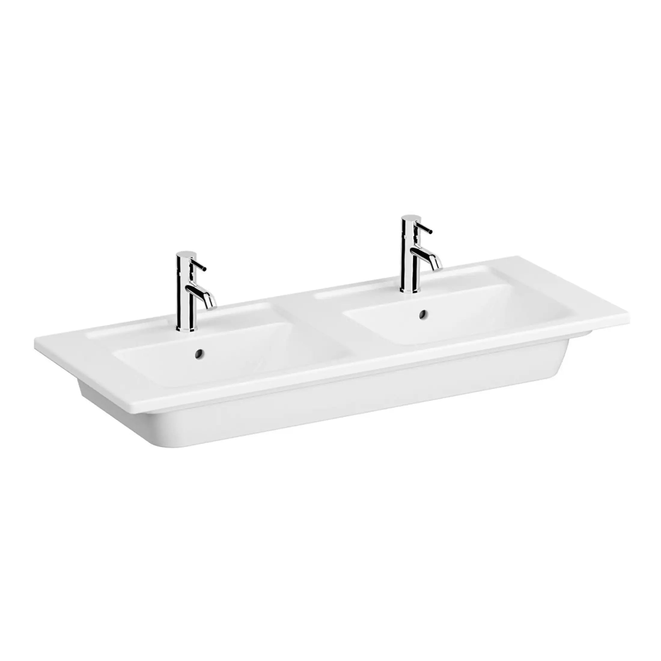 Double porcelain bathroom sink with two chrome taps for modern bathroom design.