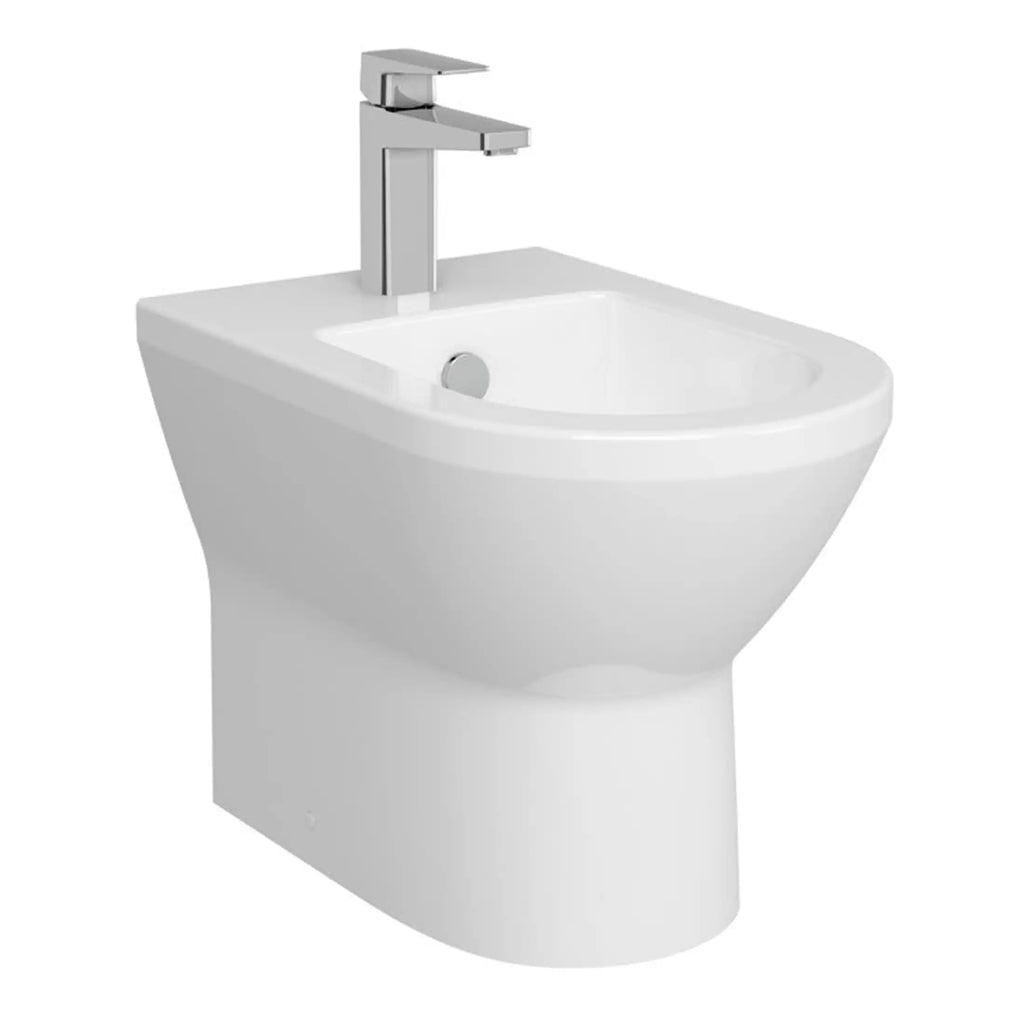 '- Modern white bidet with sleek chrome tap, designed for contemporary bathroom spaces.