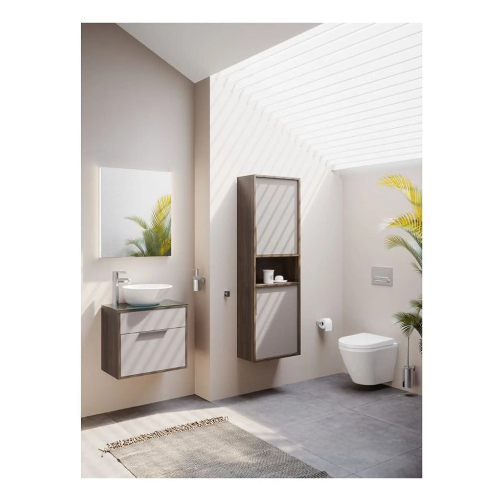 Contemporary bathroom design with minimalist wooden vanity and wall-mounted toilet, accented by natural light and indoor plants, perfect for modern bathroom renovation.