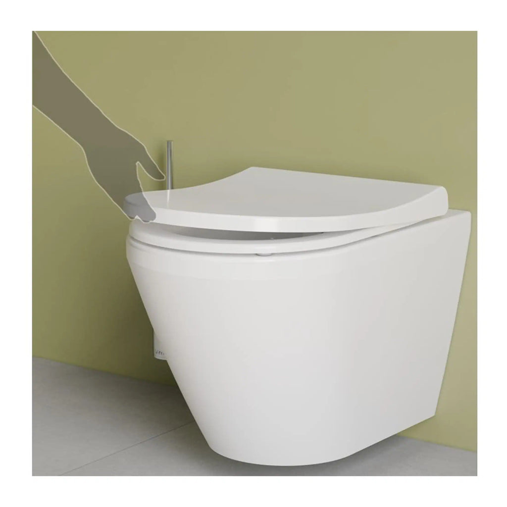 Sleek modern white bidet toilet with soft-close lid, wall-mounted design for easy bathroom cleaning, ideal for contemporary bathroom setups.