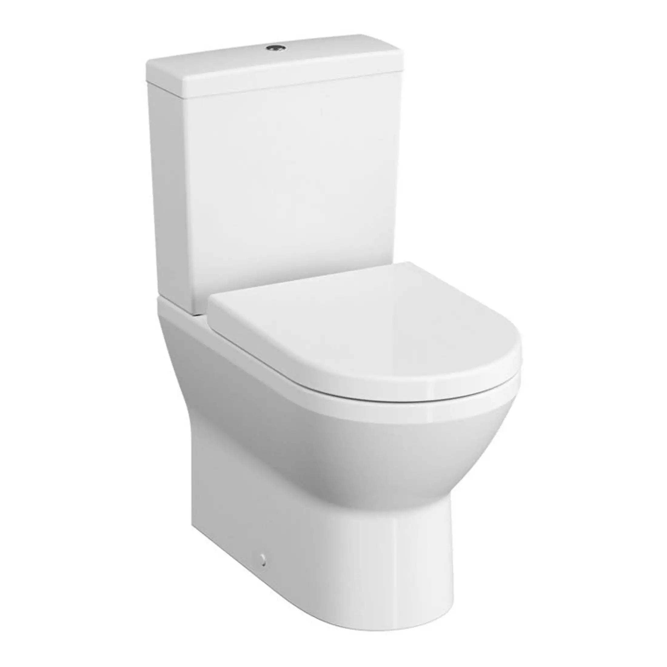 Modern white close-coupled toilet with tank and seat, ideal for contemporary bathroom renovations and easy maintenance.