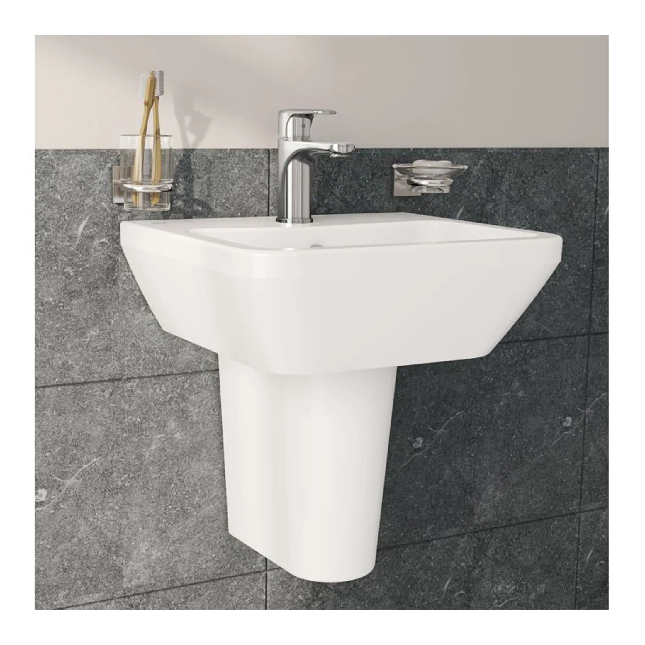 Modern white bathroom sink with chrome faucet mounted on a grey tiled wall, perfect for contemporary bathroom designs.