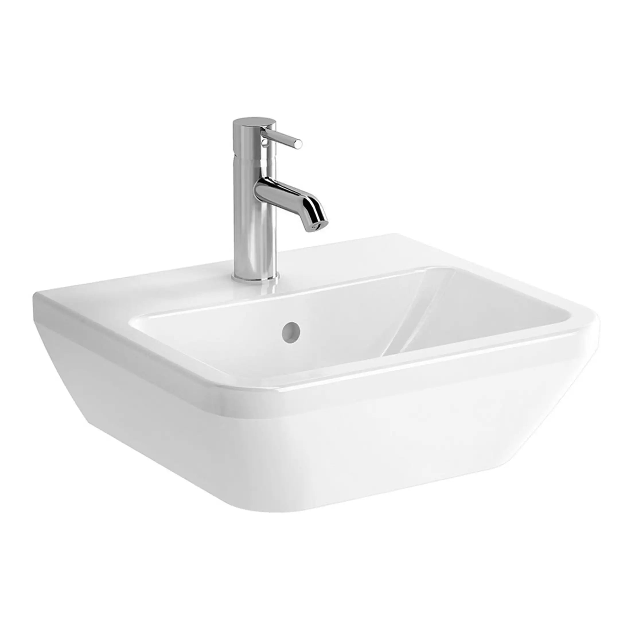 Sleek white bathroom wash basin with chrome mixer tap, perfect for modern bathrooms and washrooms. Durable ceramic design with clean lines and easy-to-clean surface. Ideal for small or minimalist bathroom spaces.