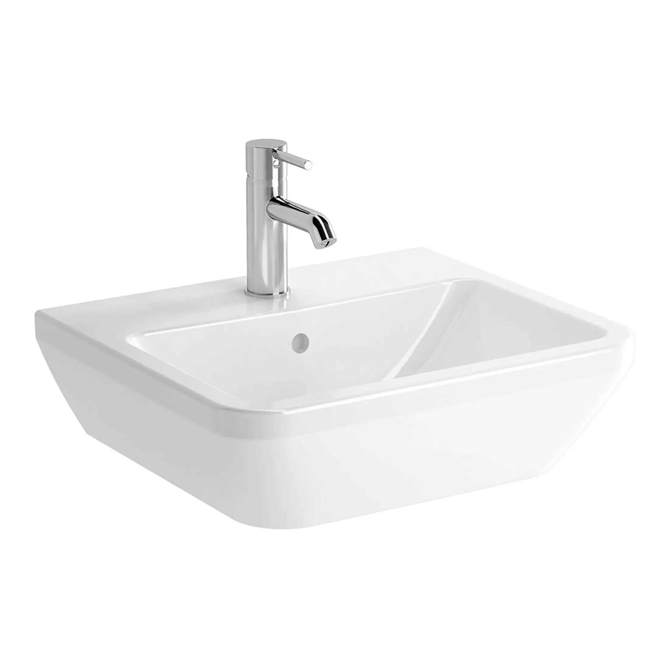 Sleek white bathroom sink with chrome tap, ideal for modern bathroom designs, featuring a smooth surface, integrated overflow, and durable ceramic construction for daily use.