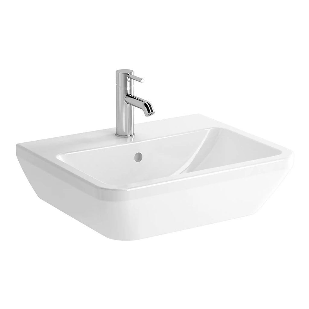 Sleek white wall-mounted bathroom sink with chrome single-handle tap, modern design, ideal for contemporary bathrooms. Perfect for stylish and functional bathroom spaces.