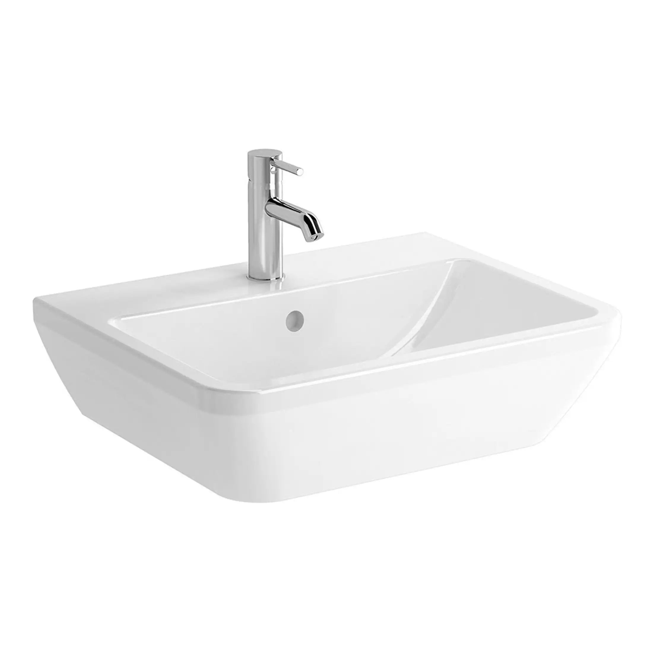 Sleek modern white bathroom sink with chrome tap, ideal for contemporary bathroom designs and easy to install or upgrade.