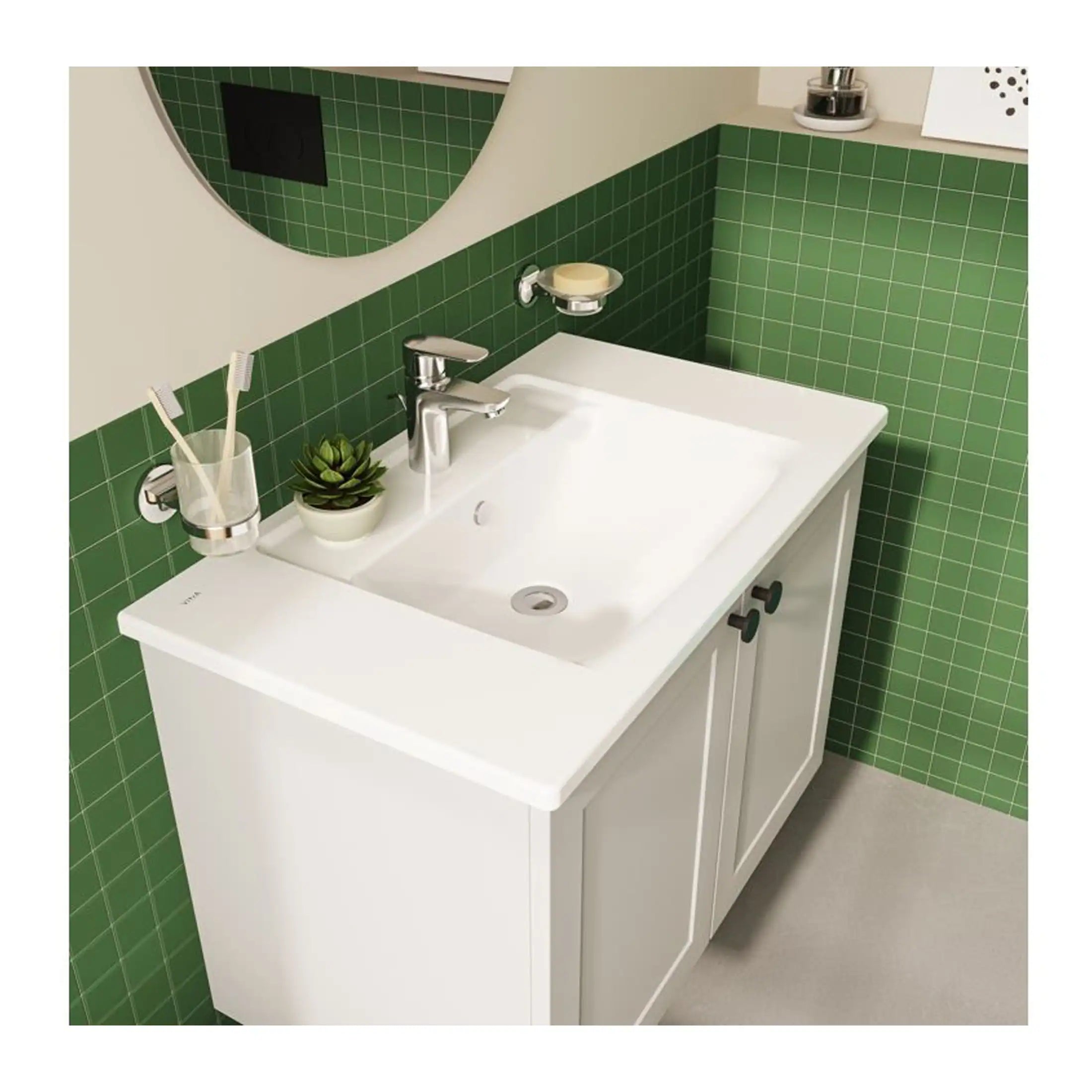 Eco-friendly white bathroom vanity with integrated sink and chrome fixtures, green tiled walls, and modern accessories, showcasing stylish and functional bathroom design for comfort and elegance.