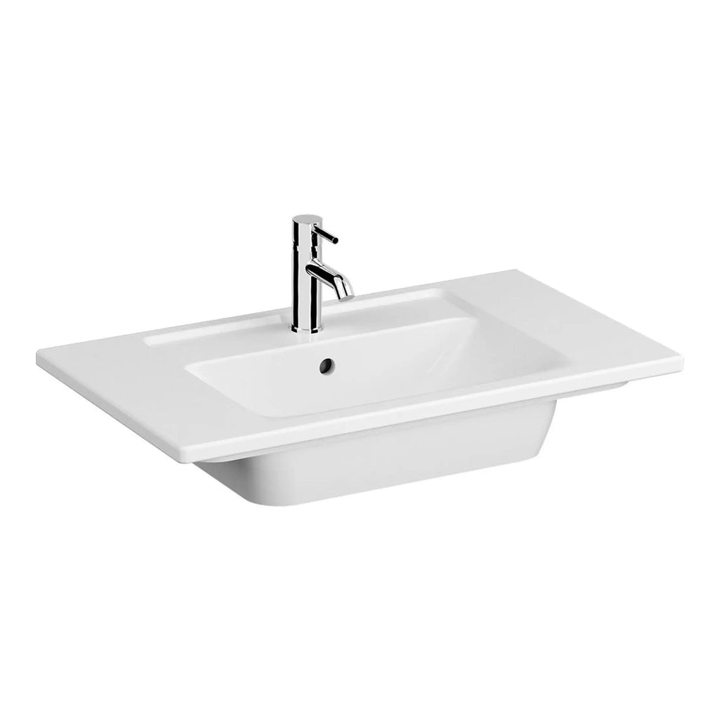 Modern white bathroom sink with chrome faucet and integrated basin, ideal for contemporary bathroom designs. Suitable for residential and commercial use, offering sleek aesthetics and functionality.