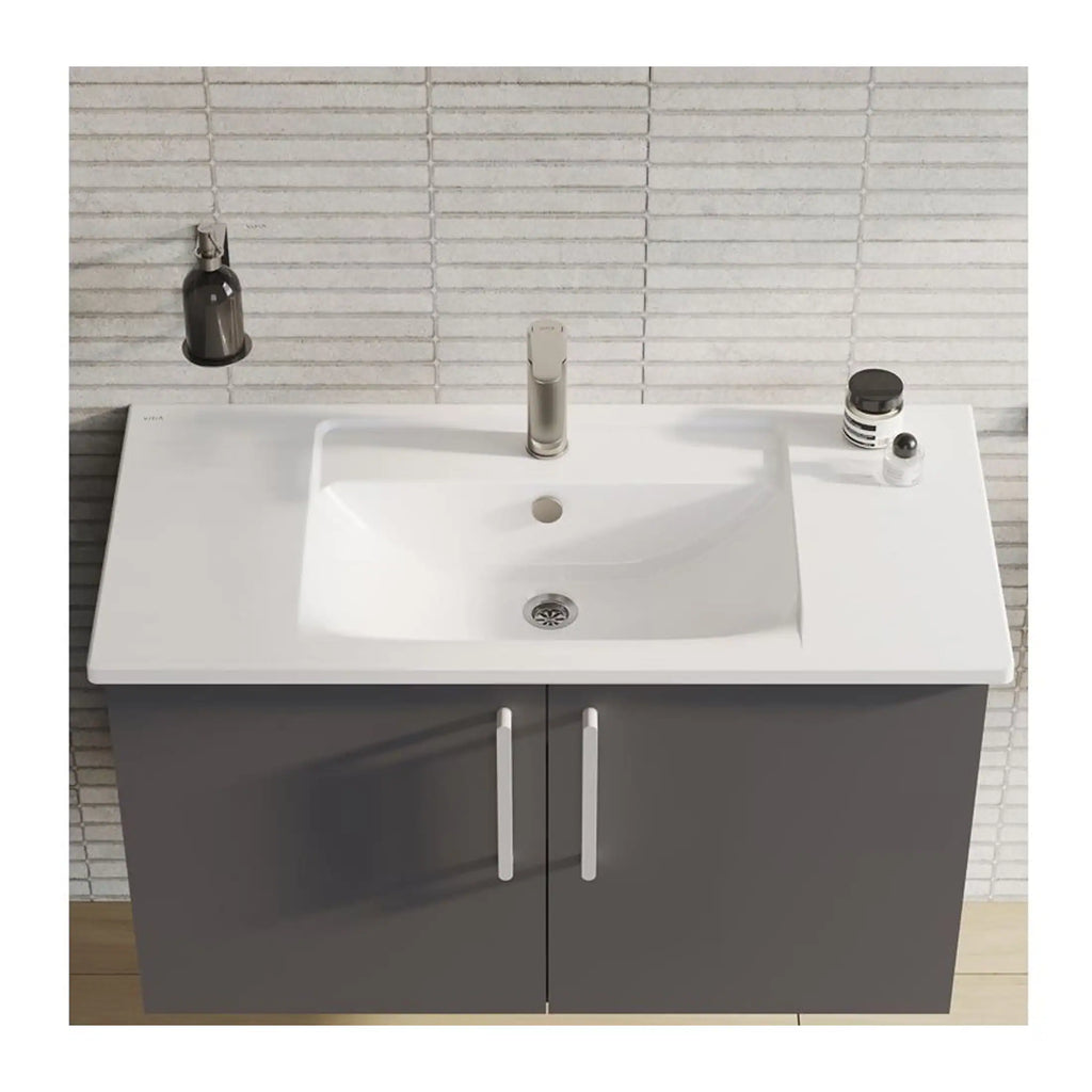 Modern bathroom vanity with sink and storage cabinet, featuring a sleek grey and white design, perfect for contemporary bathrooms and bathroom renovation projects.