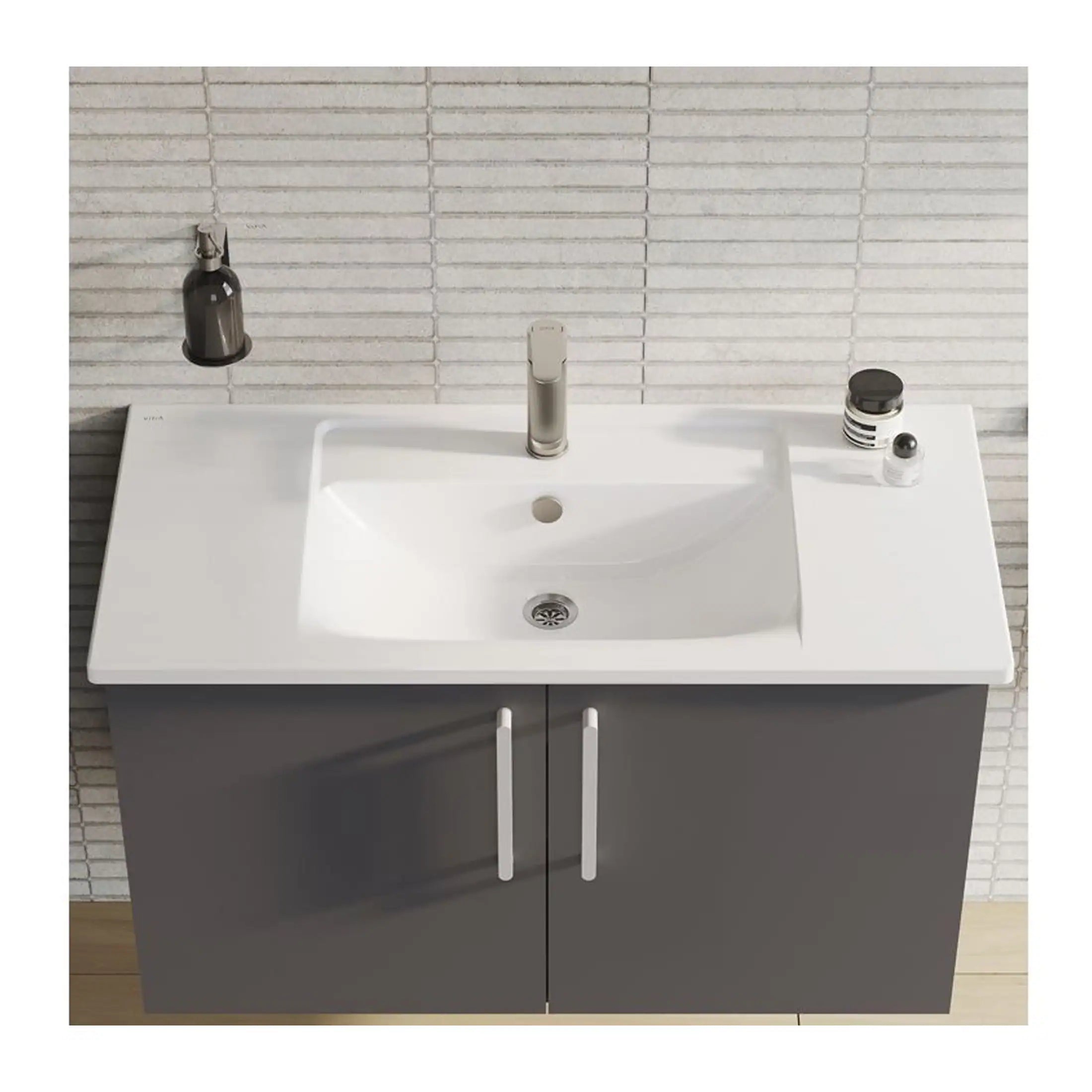 Modern bathroom vanity with sink and storage cabinet, featuring a sleek grey and white design, perfect for contemporary bathrooms and bathroom renovation projects.