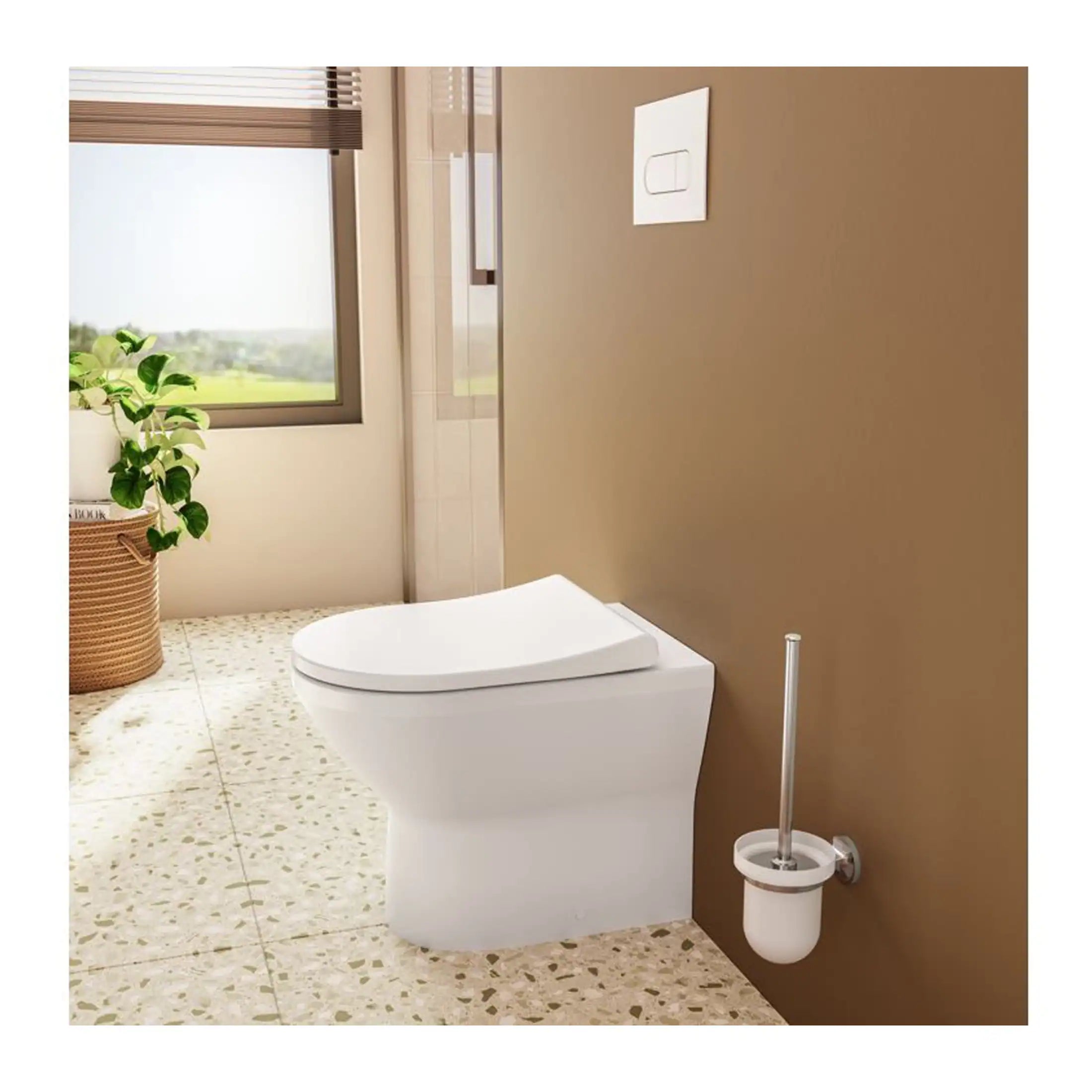 Modern white toilet with built-in bidet function in a contemporary bathroom with beige walls and terrazzo flooring. Natural light from the window highlights the sleek design and clean aesthetic.