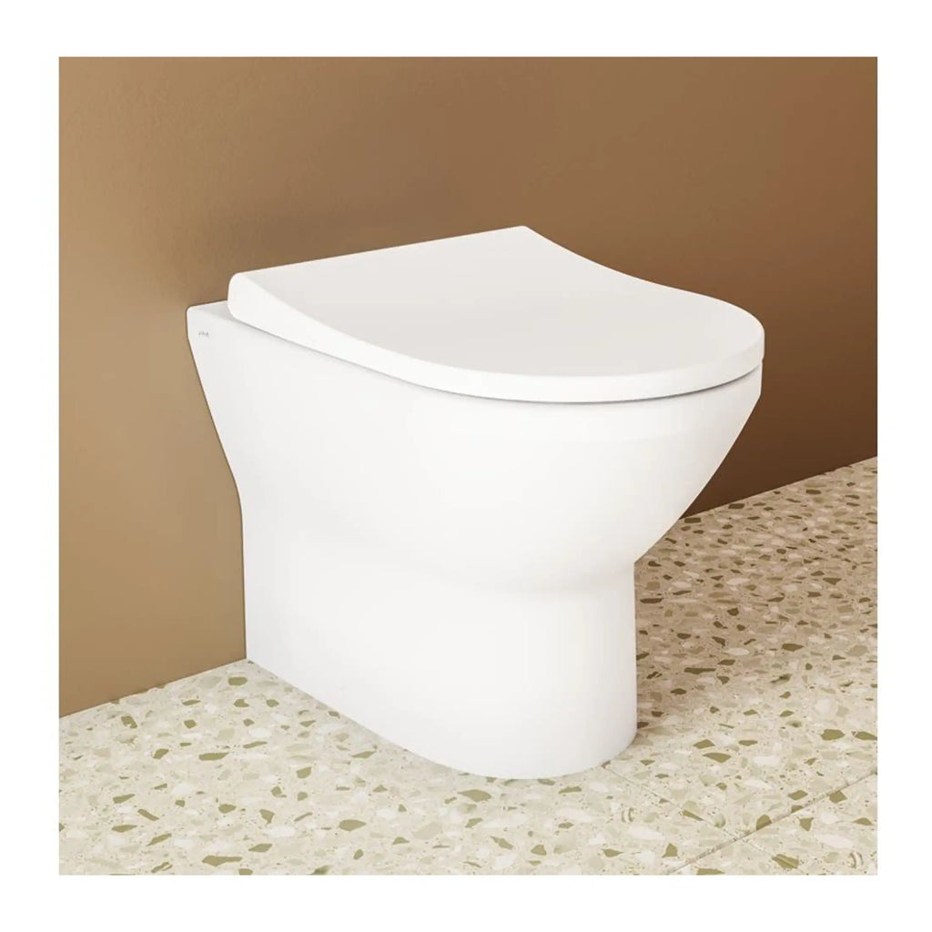 Contemporary white toilet with sleek design, ideal for modern bathrooms, featuring water-saving technology and comfortable seat for enhanced hygiene and style.