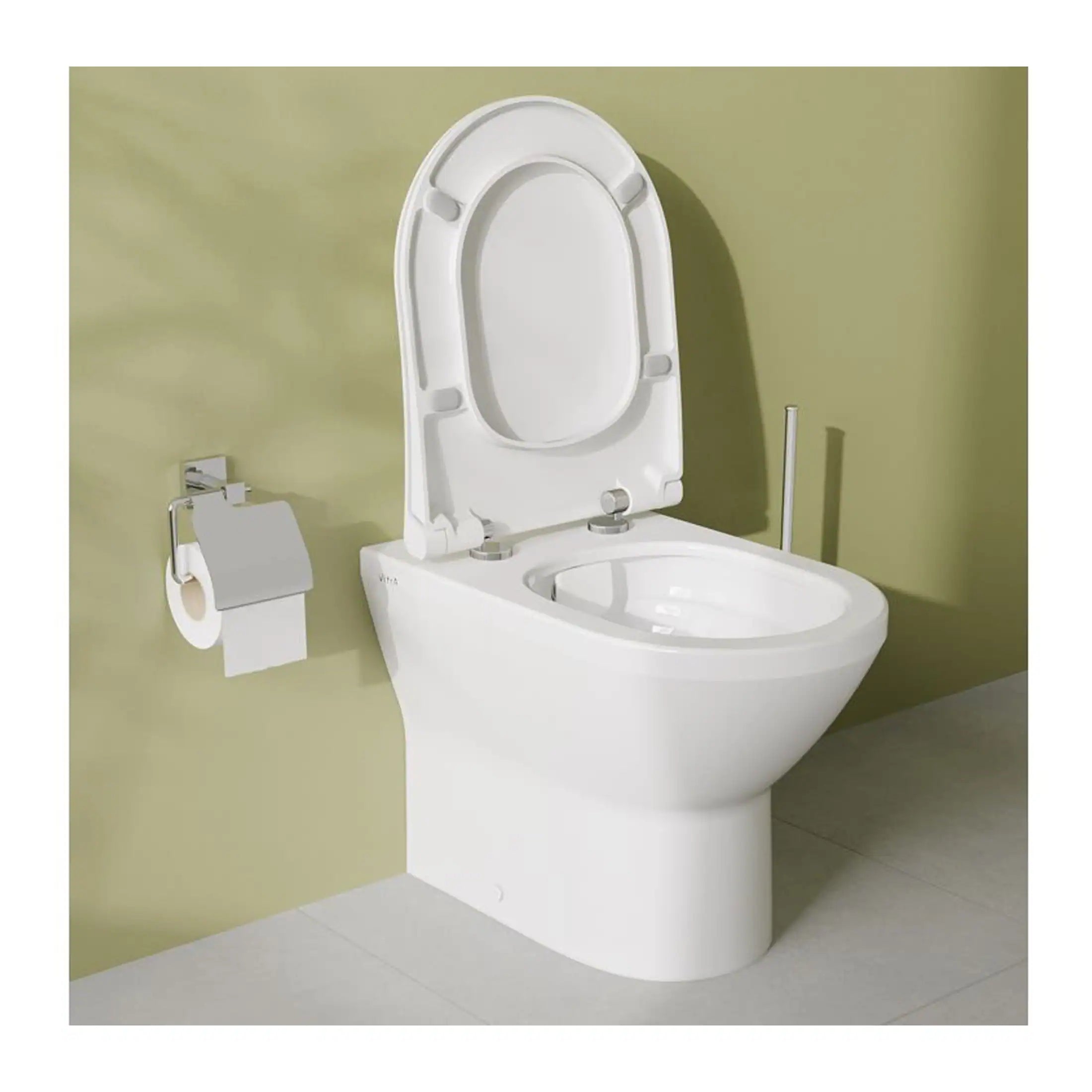 Toilet with advanced hygiene features and soft-close seat, modern design in bright white, ideal for contemporary bathrooms, accompanied by toilet paper holder and cleaning brush for a complete setup.