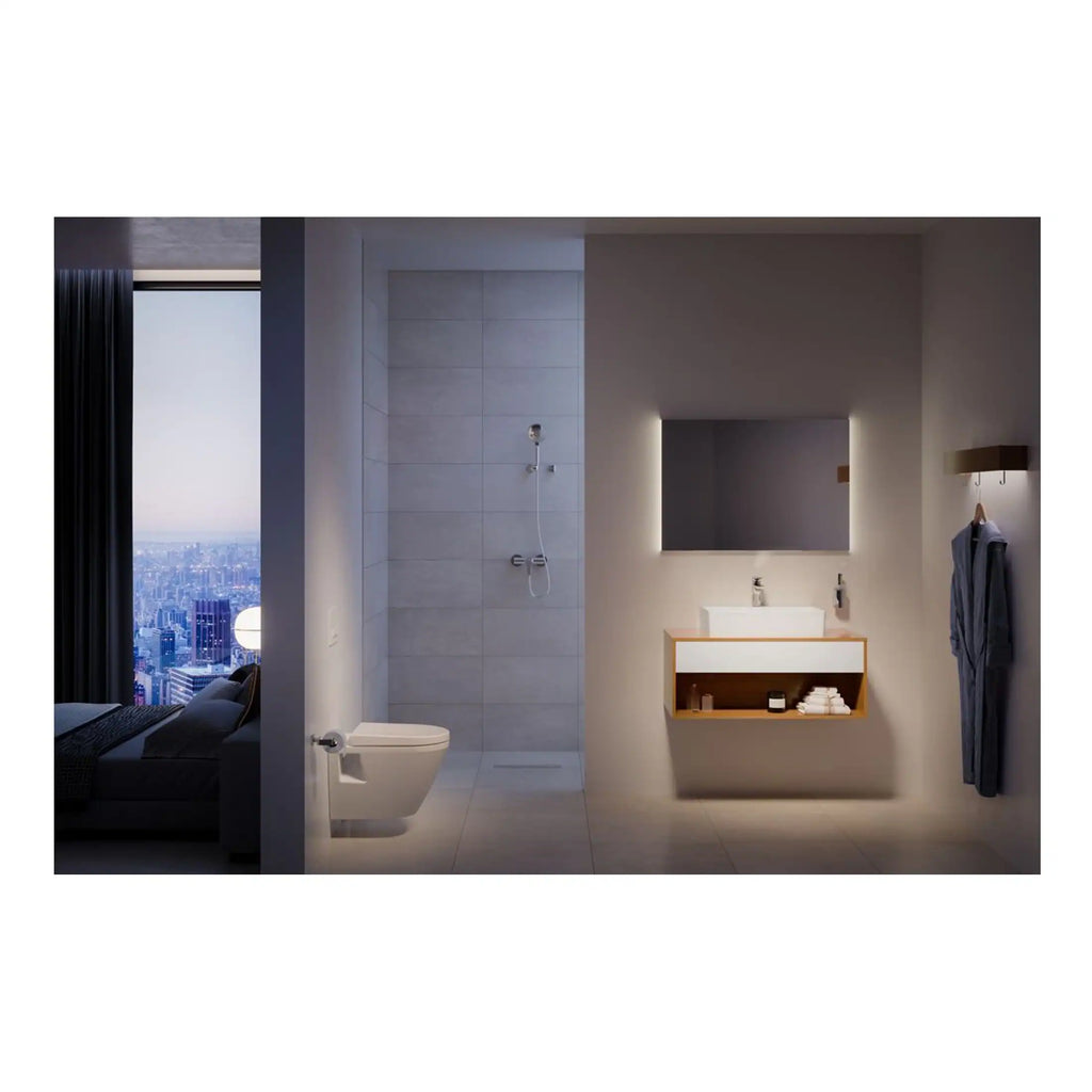 Sleek modern bathroom with minimalist design, featuring a walk-in shower, wall-mounted toilet, contemporary basin with storage, illuminated mirror, and subtle lighting accents, ideal for luxury bathroom spaces.