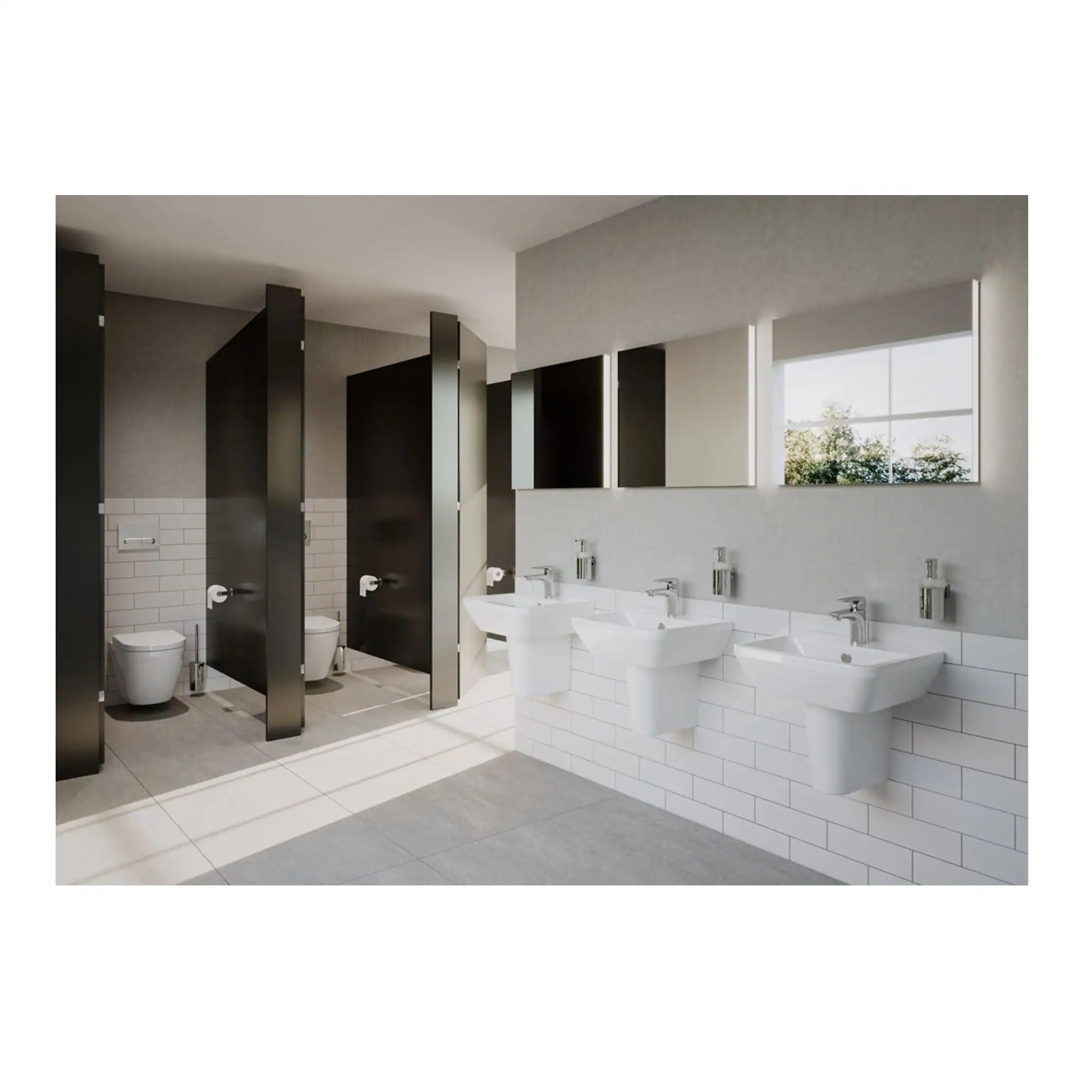 Contemporary public bathroom with modern white sinks, black privacy cubicles, and large windows allowing natural light, creating a sleek and functional space.