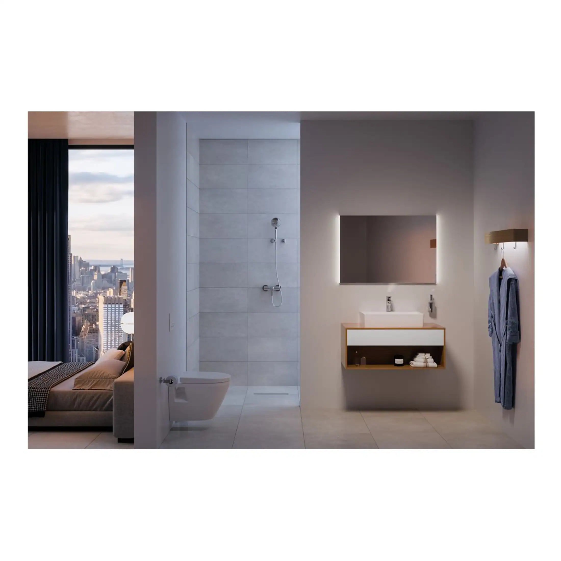 Sleek modern bathroom with walk-in shower, contemporary vanity unit, large mirror with LED lighting, and minimalistic decor in a luxury high-rise apartment with city views.