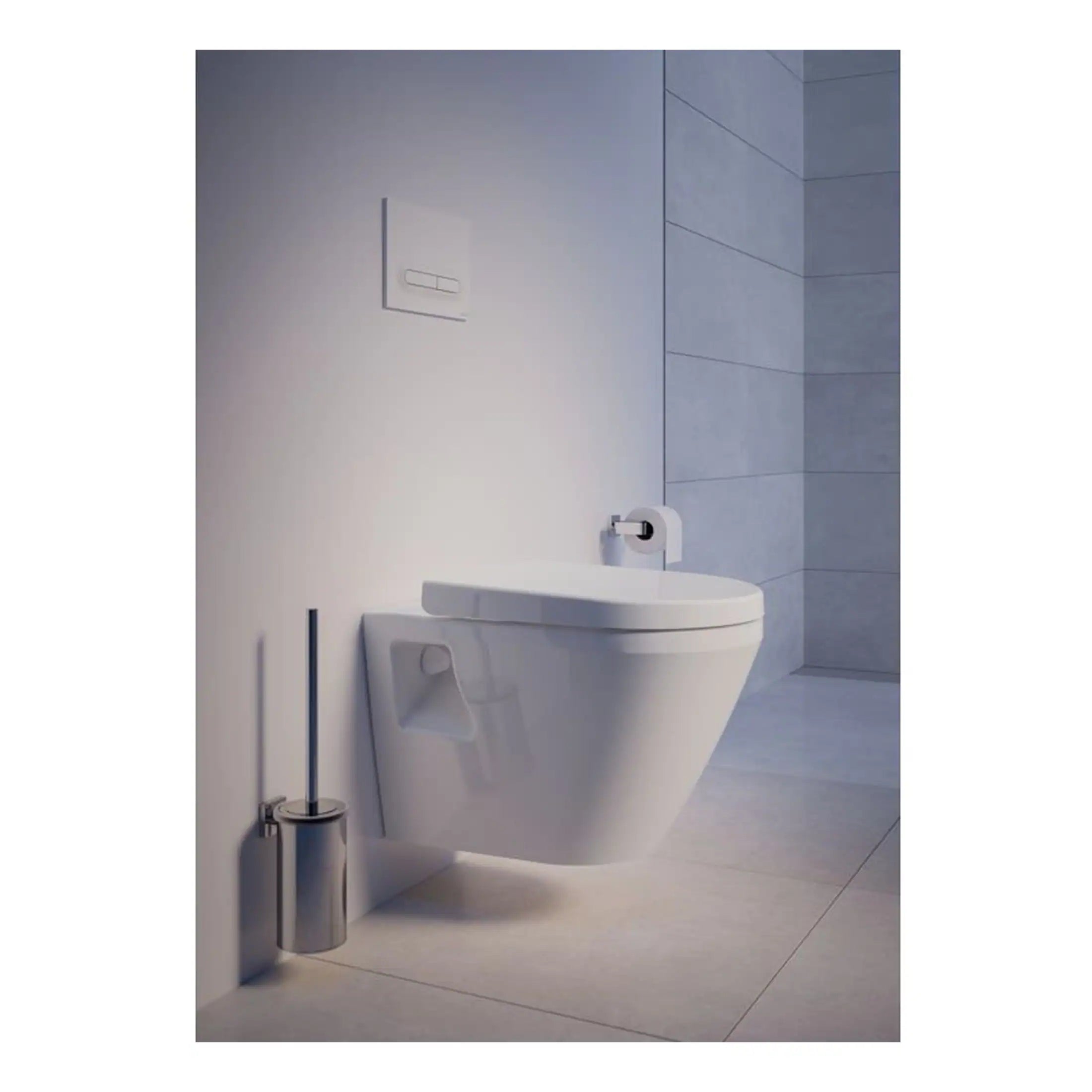Contemporary white wall-mounted toilet with soft-close lid in a modern bathroom setting, featuring minimalist design and sleek finishes.