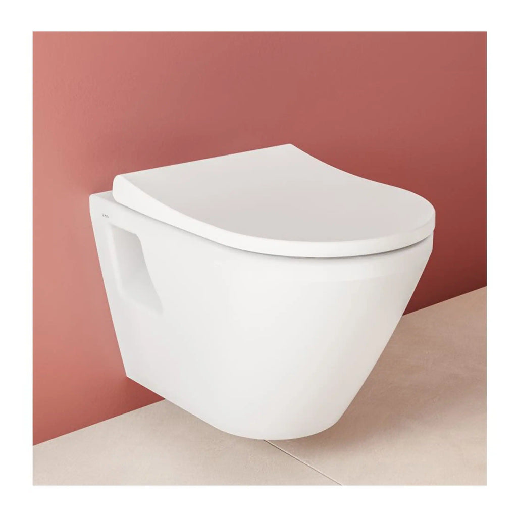 Contemporary wall-mounted white toilet with sleek design, ideal for modern bathrooms, featuring a soft-close seat and water-saving features. Perfect for enhancing bathroom aesthetics and functionality.