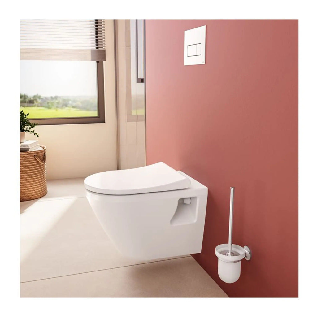 Elegant modern wall-mounted toilet with soft-close seat in a stylish bathroom setting. Perfect for contemporary bathrooms, offering comfort, hygiene, and space-saving design.
