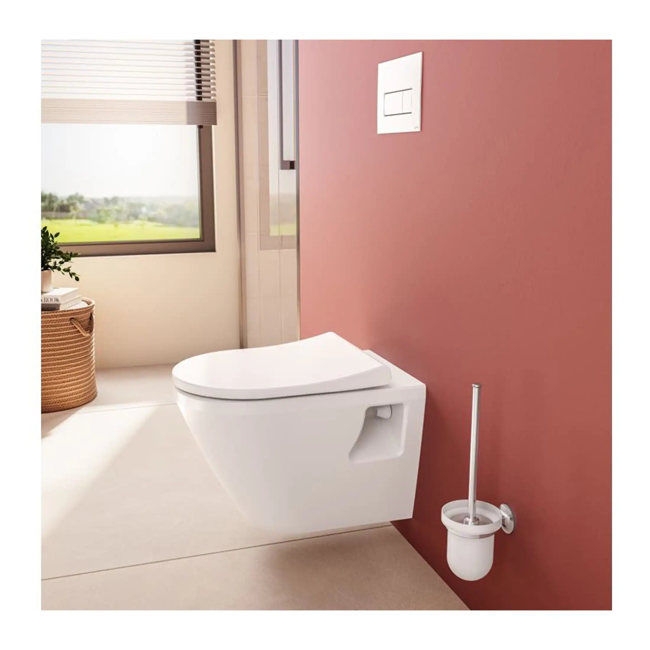 Elegant modern wall-mounted toilet with soft-close seat in a stylish bathroom setting. Perfect for contemporary bathrooms, offering comfort, hygiene, and space-saving design.