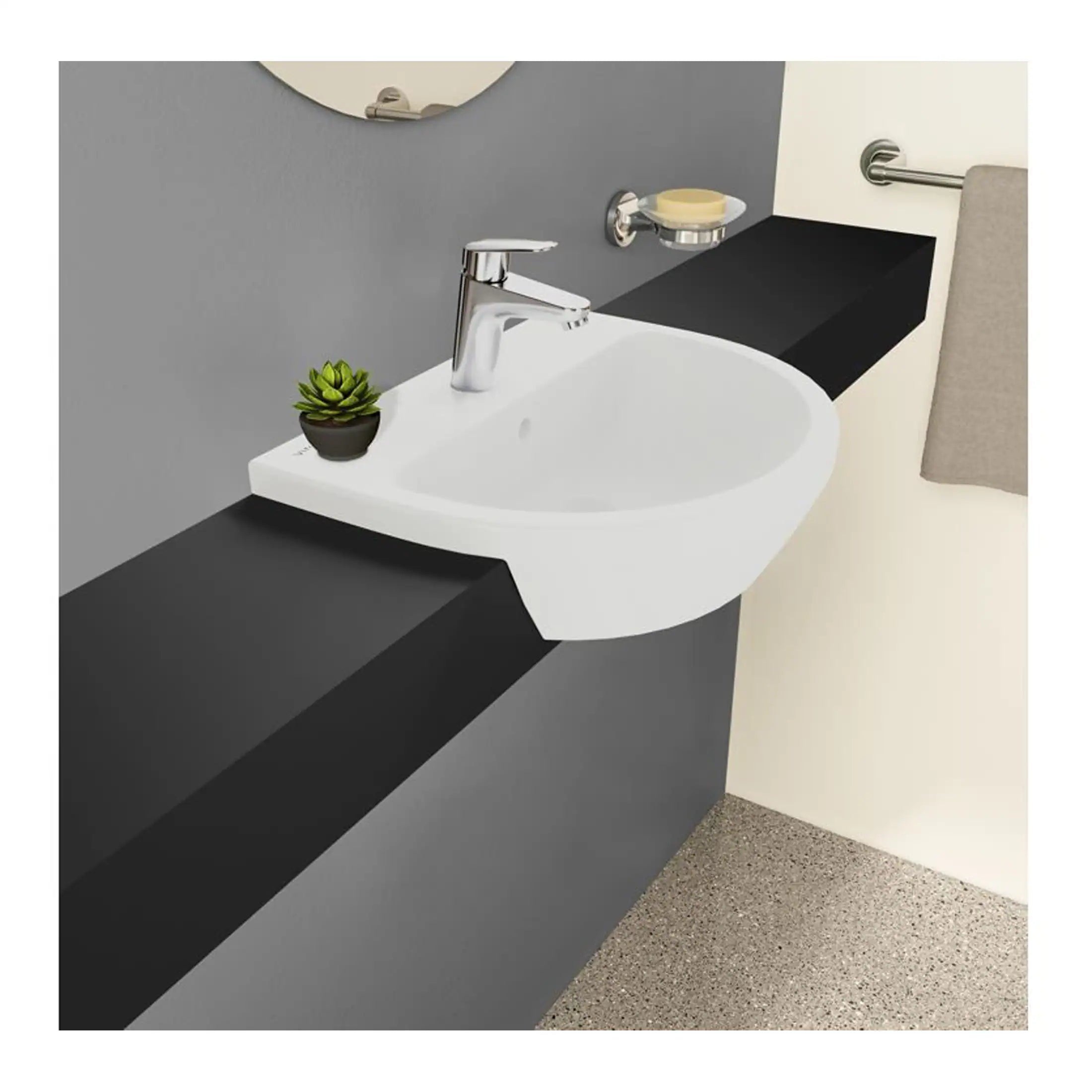 Sleek modern bathroom sink with black shelf and chrome faucet, decorated with a small succulent plant, designed for contemporary bathroom aesthetics and efficient space use.