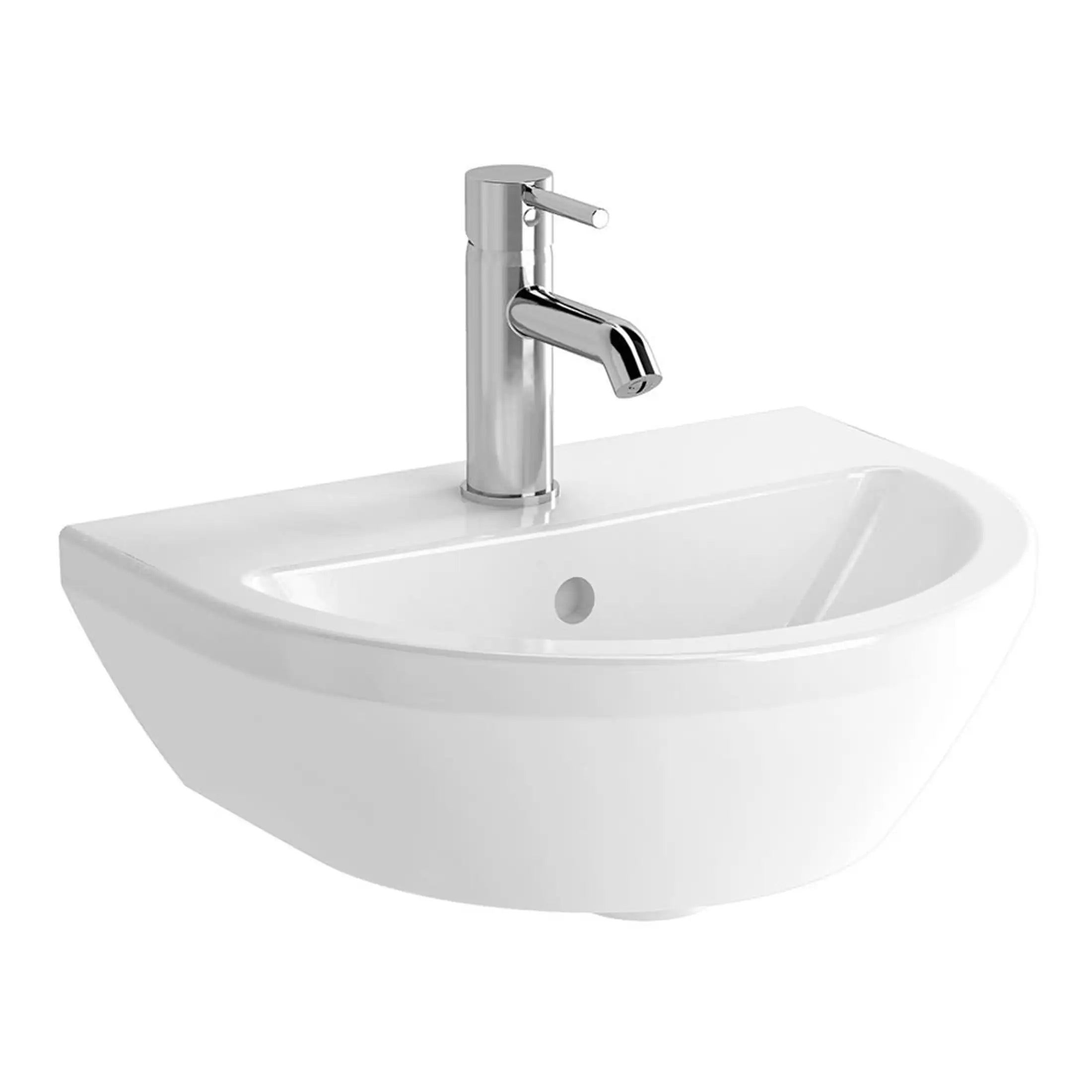 Polished chrome bathroom sink with sleek modern design, ideal for contemporary bathroom decor. Features a single tap hole and integrated overflow, perfect for stylish bathroom upgrade.
