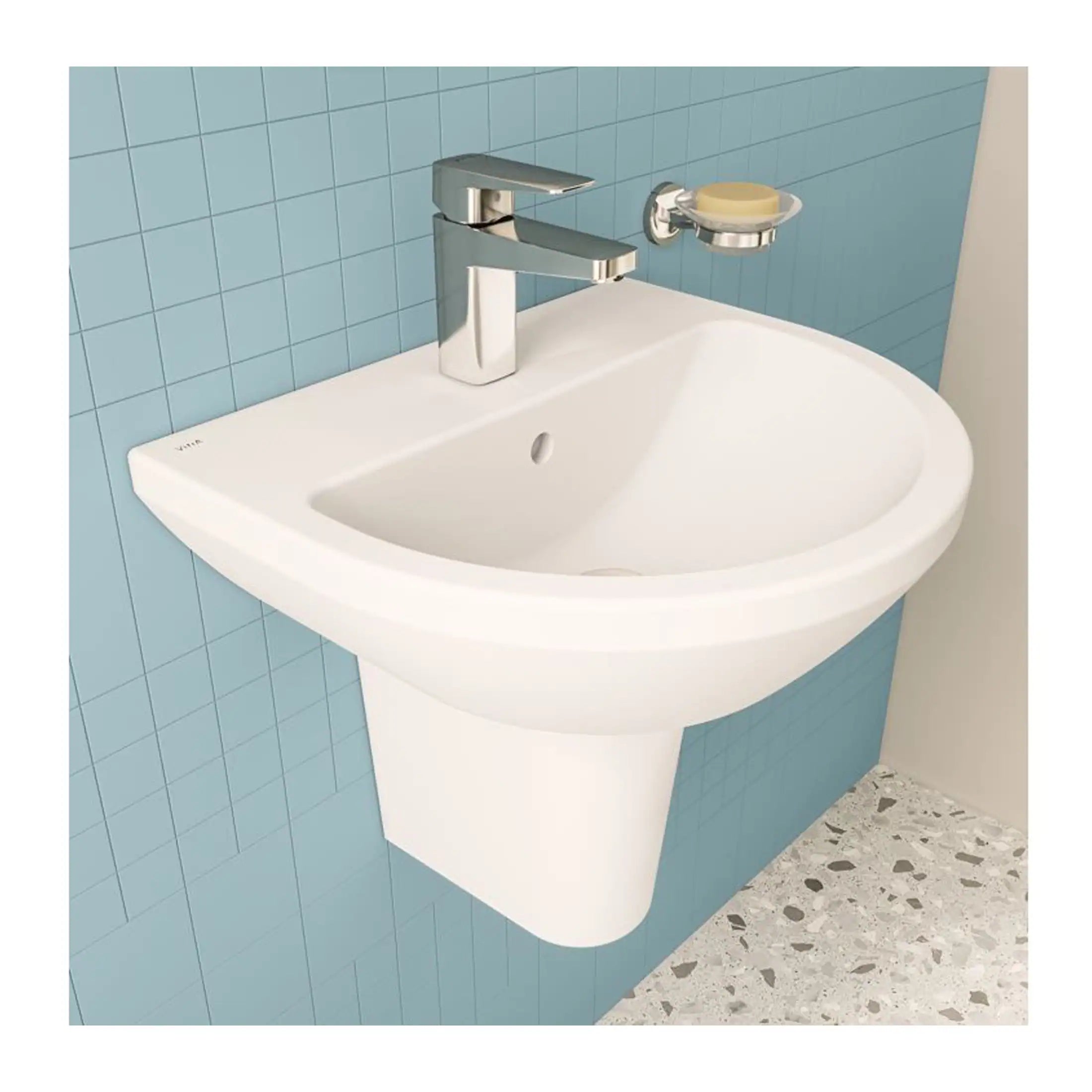 Chrome bathroom sink with modern faucet on blue tiled wall, perfect for contemporary bathroom design and renovation.