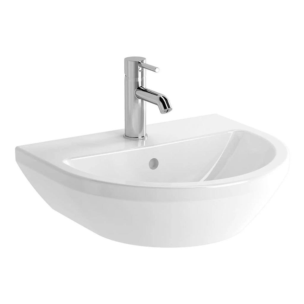 Sleek white bathroom sink with modern chrome tap, ideal for contemporary bathroom designs, featuring a smooth curved basin and minimalist style for elegant bathroom aesthetics.