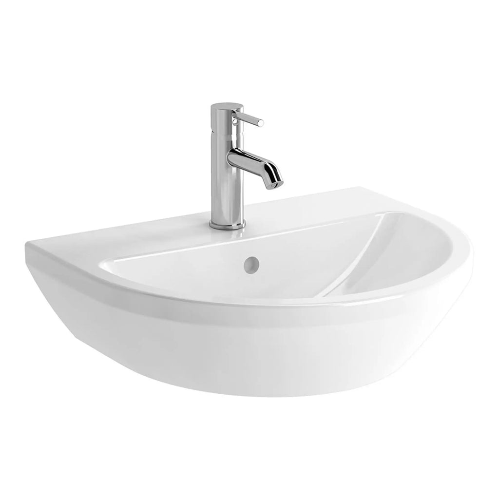 Sleek white ceramic bathroom sink with modern chrome mixer tap, ideal for contemporary bathroom designs. Perfect for stylish and functional washbasins in residential or commercial spaces.