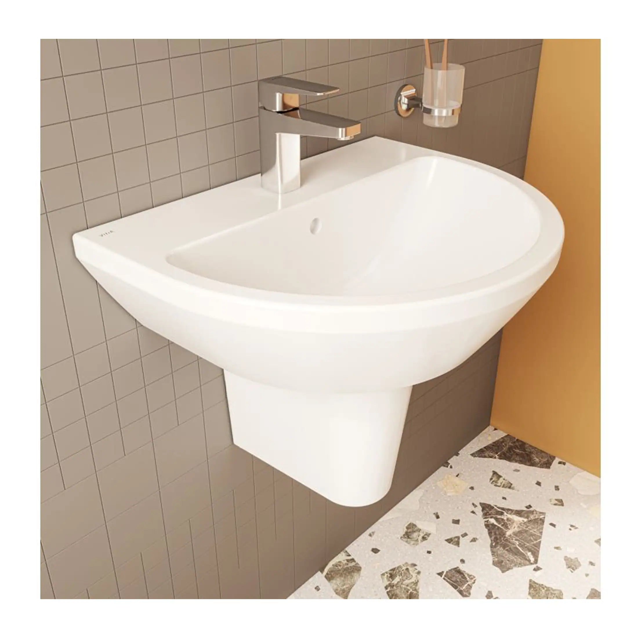 Modern white wall-mounted bathroom sink with sleek chrome faucet and beige tiled wall background, ideal for contemporary bathroom designs.