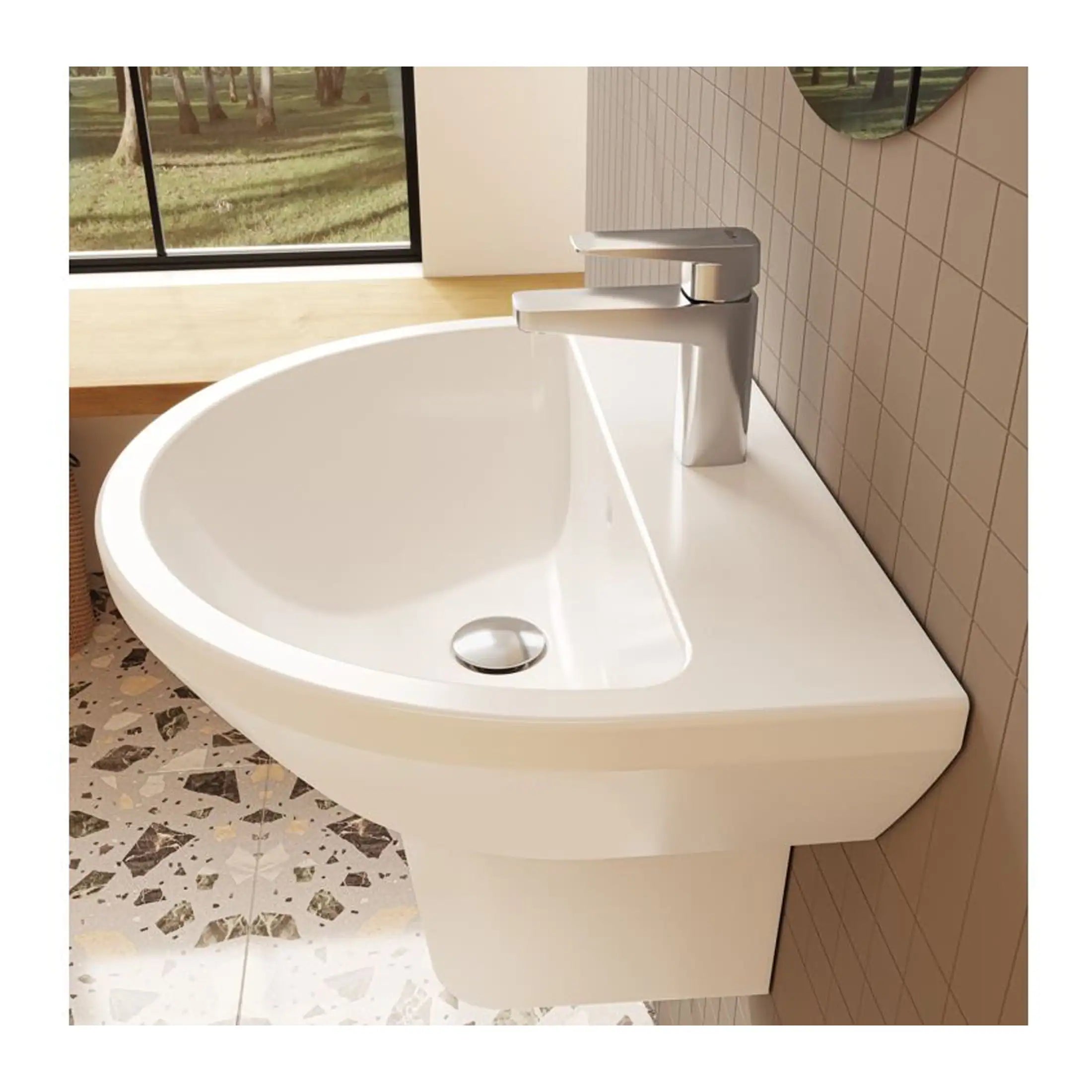 Sleek modern white bathroom sink with chrome faucet mounted on a beige tiled wall, near a window with outdoor greenery, ideal for contemporary bathroom design.
