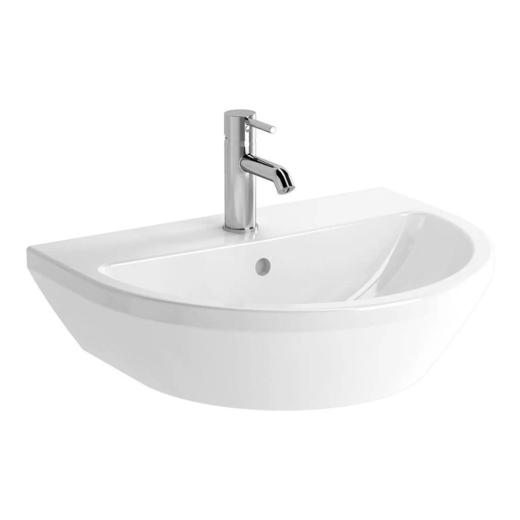 Sleek white modern bathroom sink with chrome-finished tap designed for contemporary bathrooms. The elegant basin features a smooth, curved shape and a centrally positioned drain hole, ideal for stylish bathroom décor.