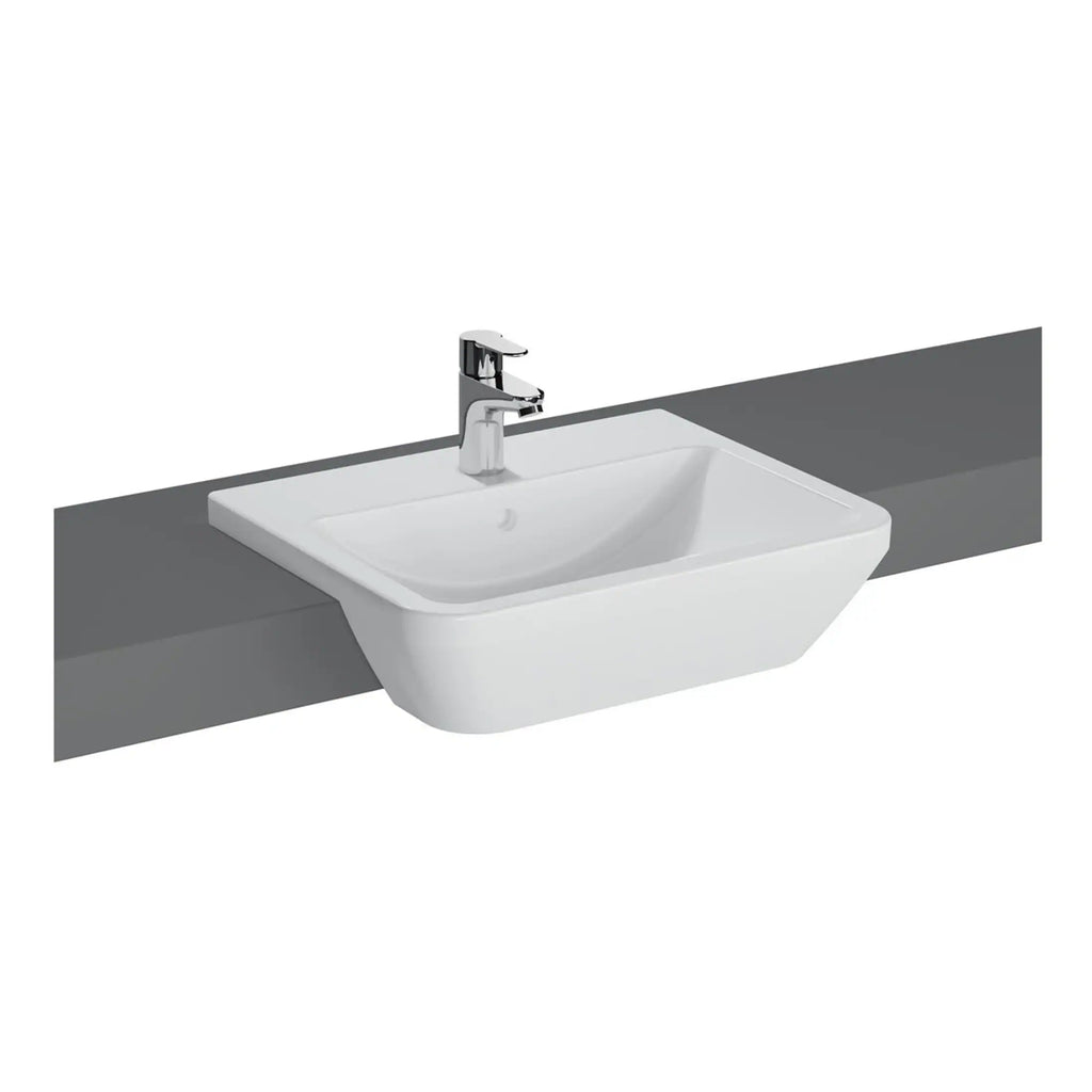 Modern white bathroom sink with chrome tap on grey countertop, ideal for stylish bathroom upgrades and interior design.