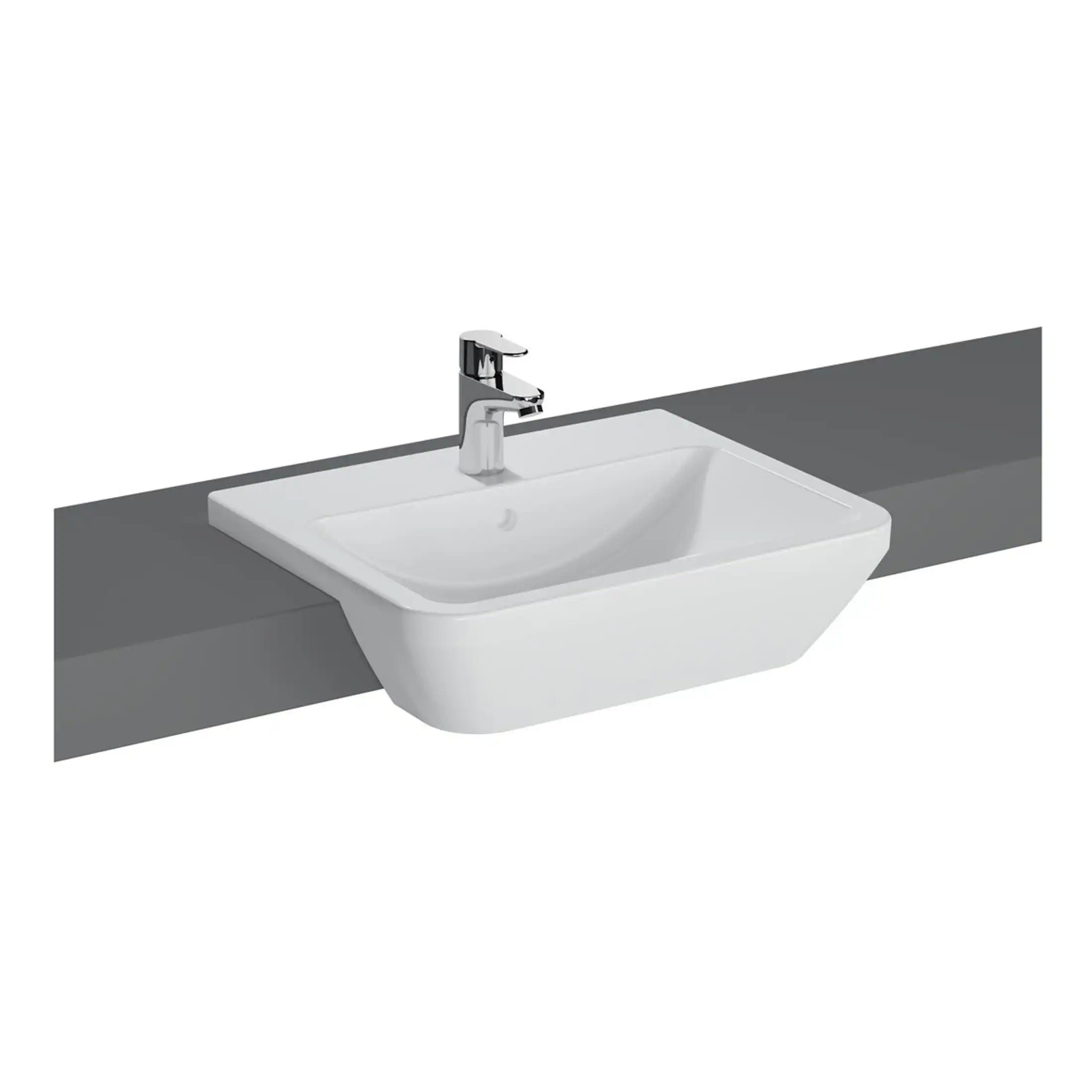 Modern white bathroom sink with chrome tap on grey countertop, ideal for stylish bathroom upgrades and interior design.