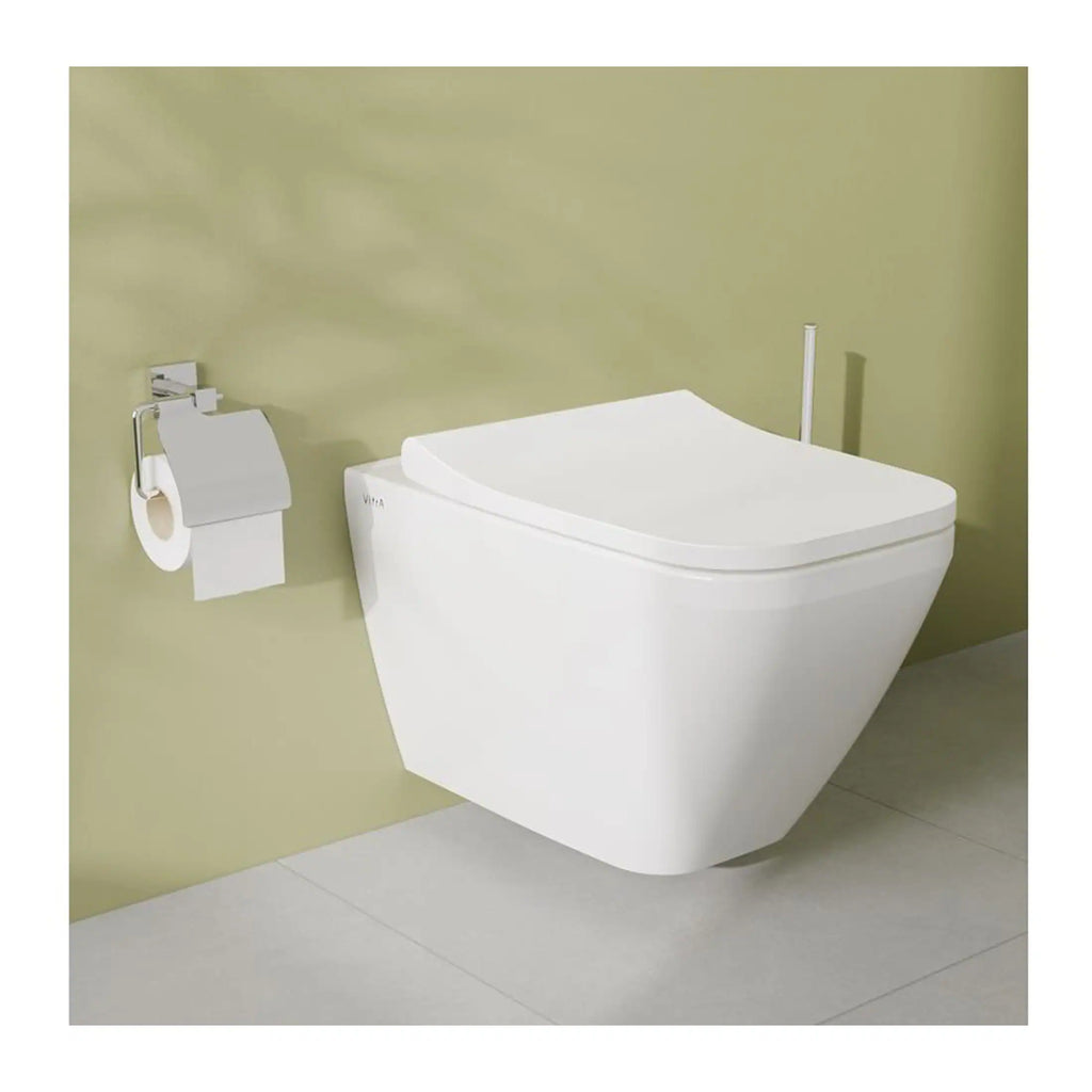 Sleek modern wall-mounted toilet with a minimalist design, compatible with contemporary bathroom styles, featuring a white ceramic finish.