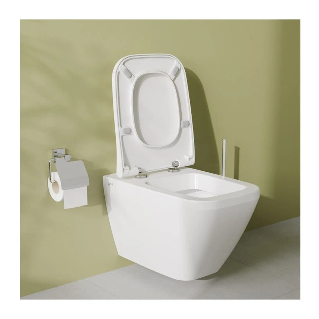 Sleek wall-mounted toilet with a bidet function and soft-close seat, ideal for modern bathrooms. Features clean lines and easy-to-clean design, perfect for comfortable and hygienic toilet solutions.