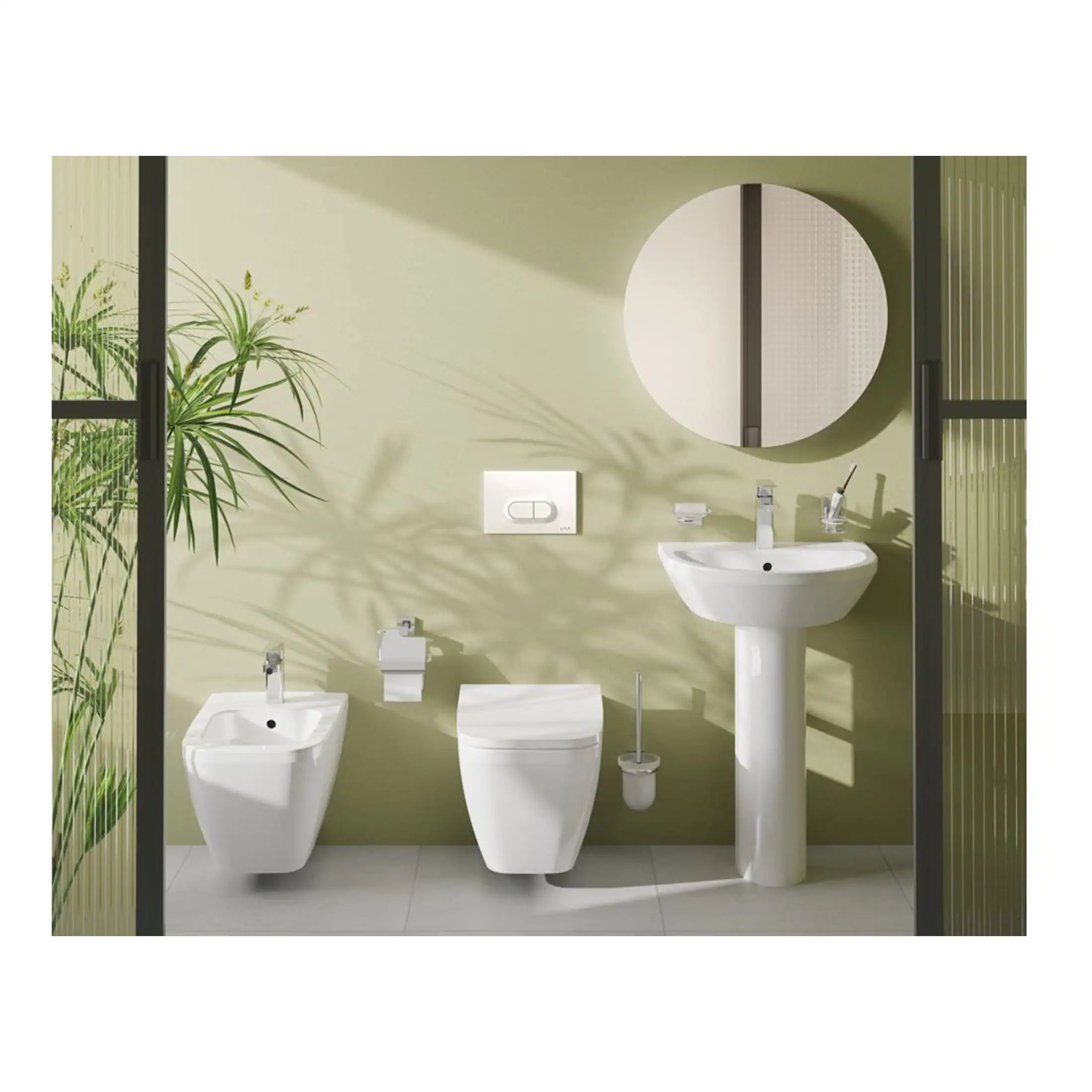 Elegant bathroom with modern white fixtures including a toilet, bidet, and pedestal sink, complemented by a large round mirror and natural light, showcasing stylish Bubly bathroom products.